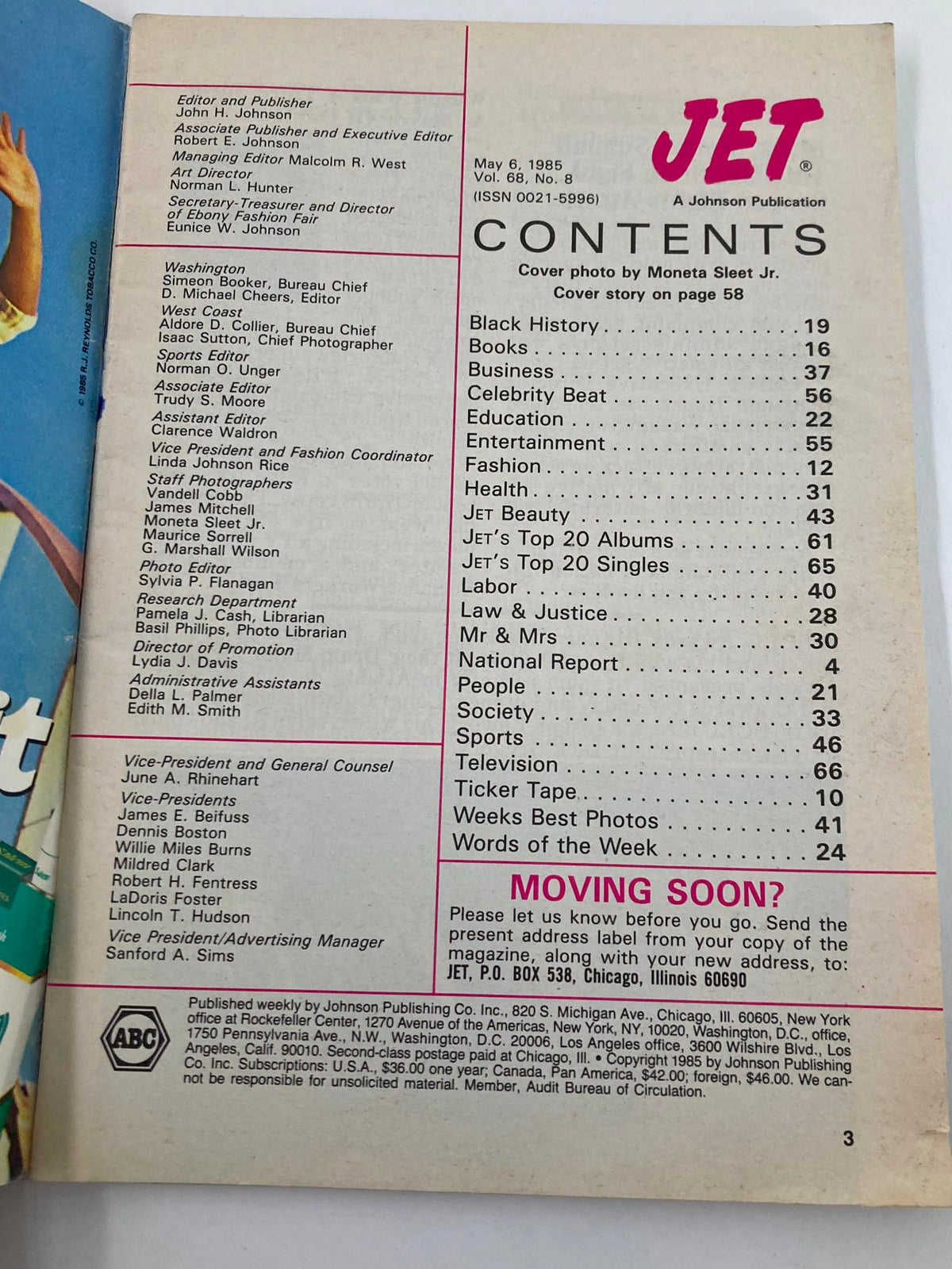 Inside page of VTG Jet Magazine May 6 1985 Vol 68 #8, showing the contents including sections on Black history, business, and entertainment, published by Johnson Publishing.