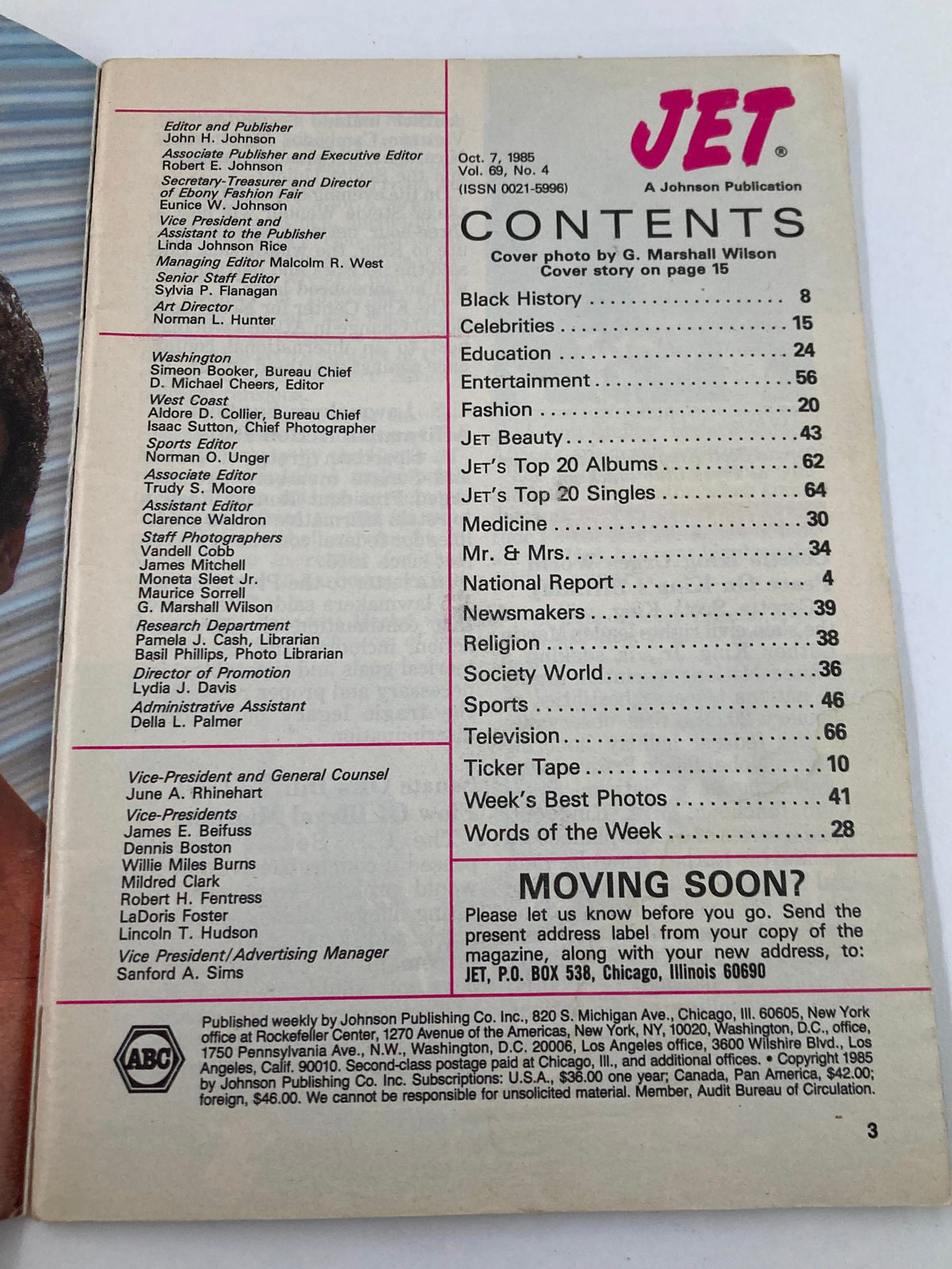 VTG Jet Magazine October 7 1985 Vol 69 #4 table of contents featuring editorial team information and topic list.