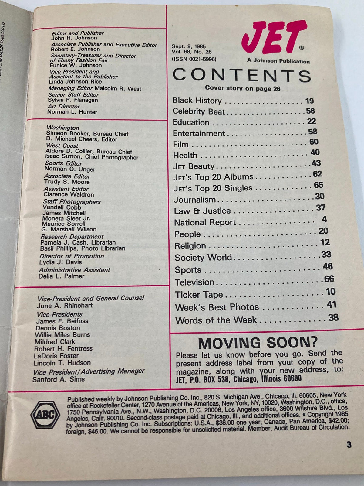 Contents page of VTG Jet Magazine September 9 1985 Vol 68 #26, showcasing various topics including Black history, education, and entertainment.