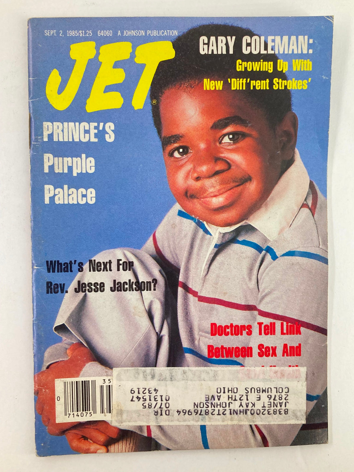 Cover of VTG Jet Magazine September 2 1985 Vol 68 #25 featuring Gary Coleman, highlighting his role in 'Diff'rent Strokes.' The cover includes headlines about Prince's Purple Palace and articles on Reverend Jesse Jackson and health topics.