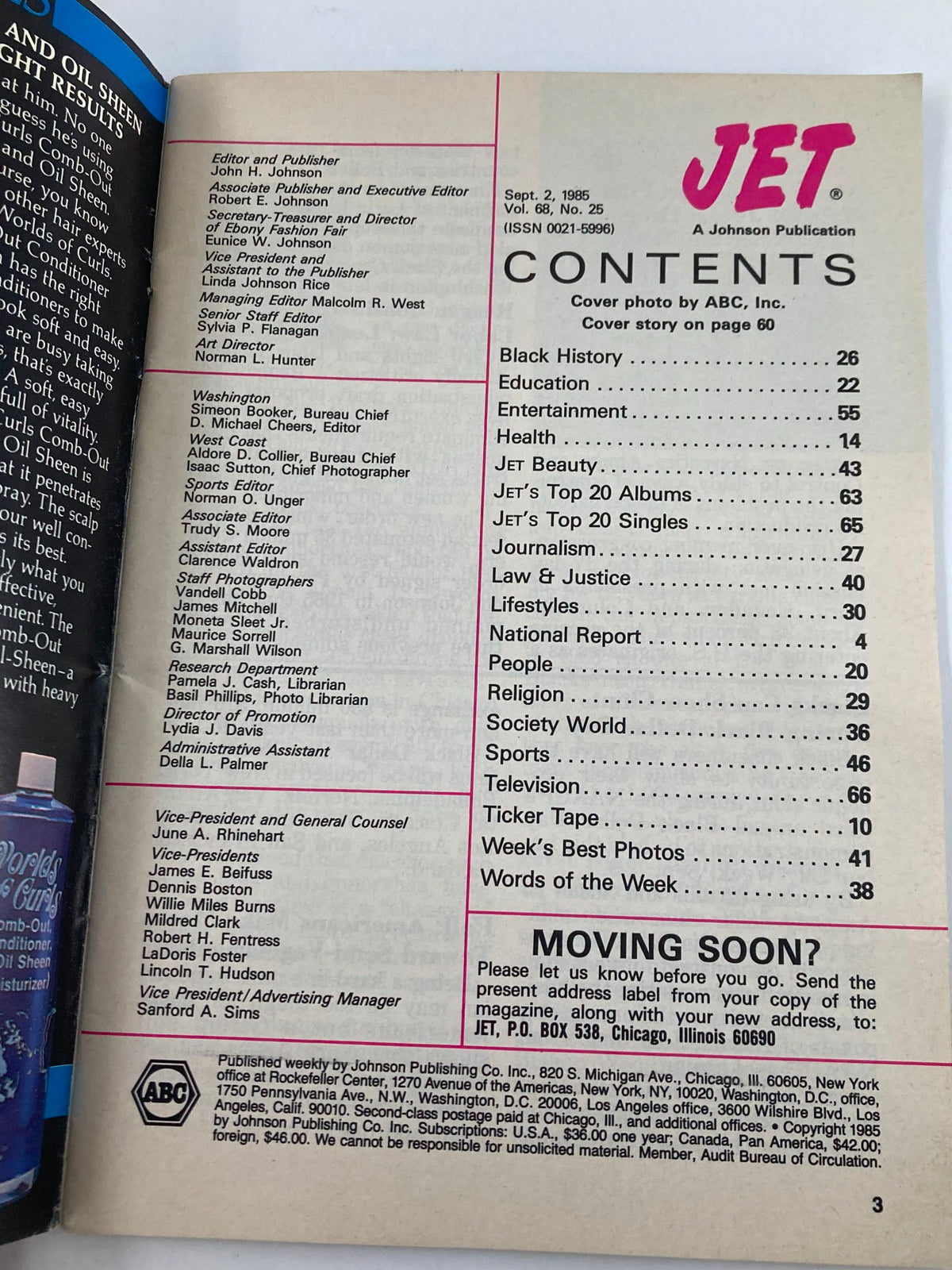 Inside page from VTG Jet Magazine September 2 1985 Vol 68 #25 displaying the contents section, listing featured articles and topics including entertainment, health, and society related to African American culture.