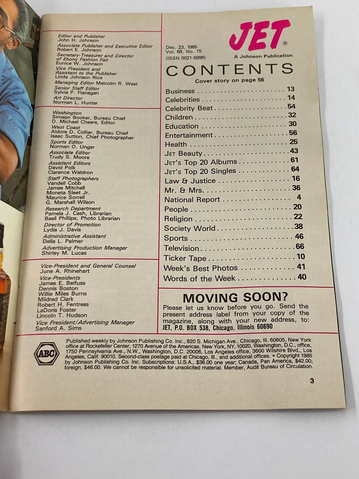 Contents page of VTG Jet Magazine December 23 1985, listing articles and features including the interview with Diahann Carroll.