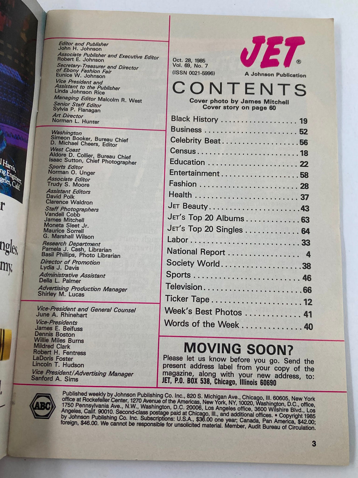 Contents page from VTG Jet Magazine October 28 1985, Vol 69 #7, including editorial information and sections such as Black History, Business, and Celebrity Beat.