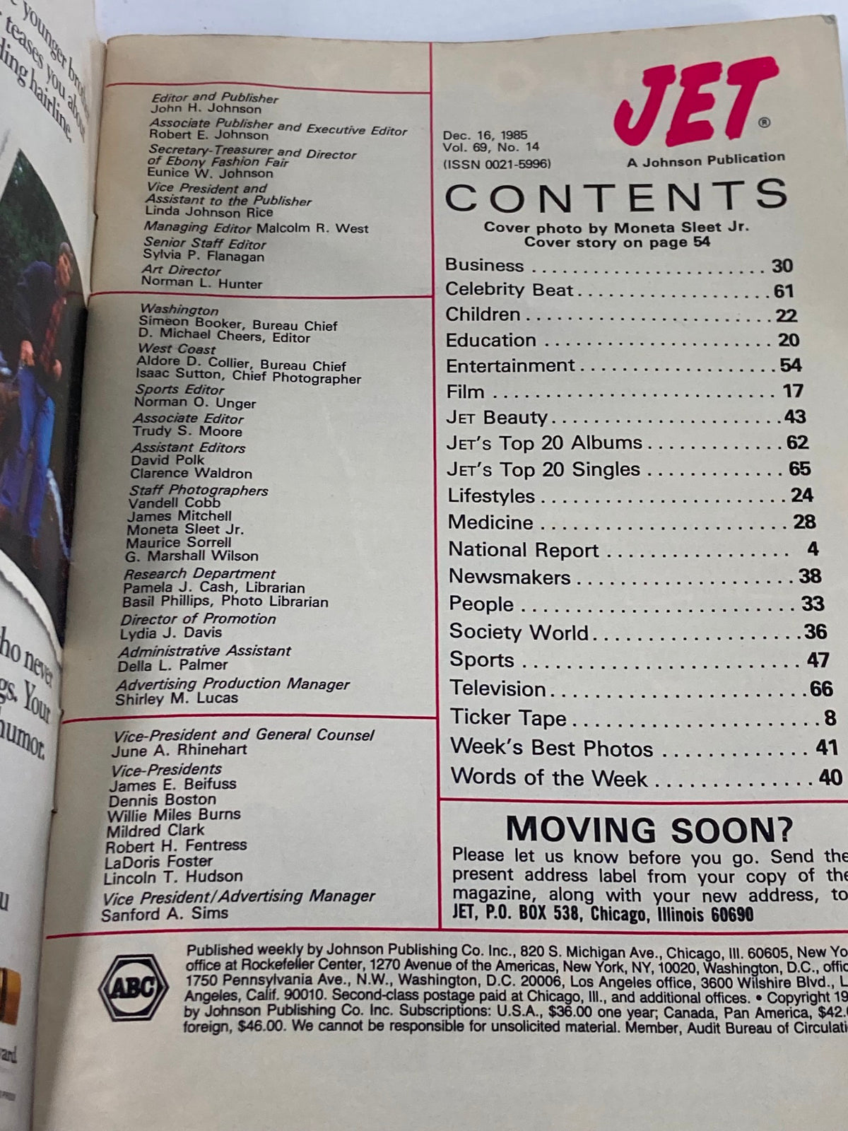 Inside page of VTG Jet Magazine December 16 1985 Vol 69 #14 showing the Table of Contents, detailing various features and sections of the magazine.
