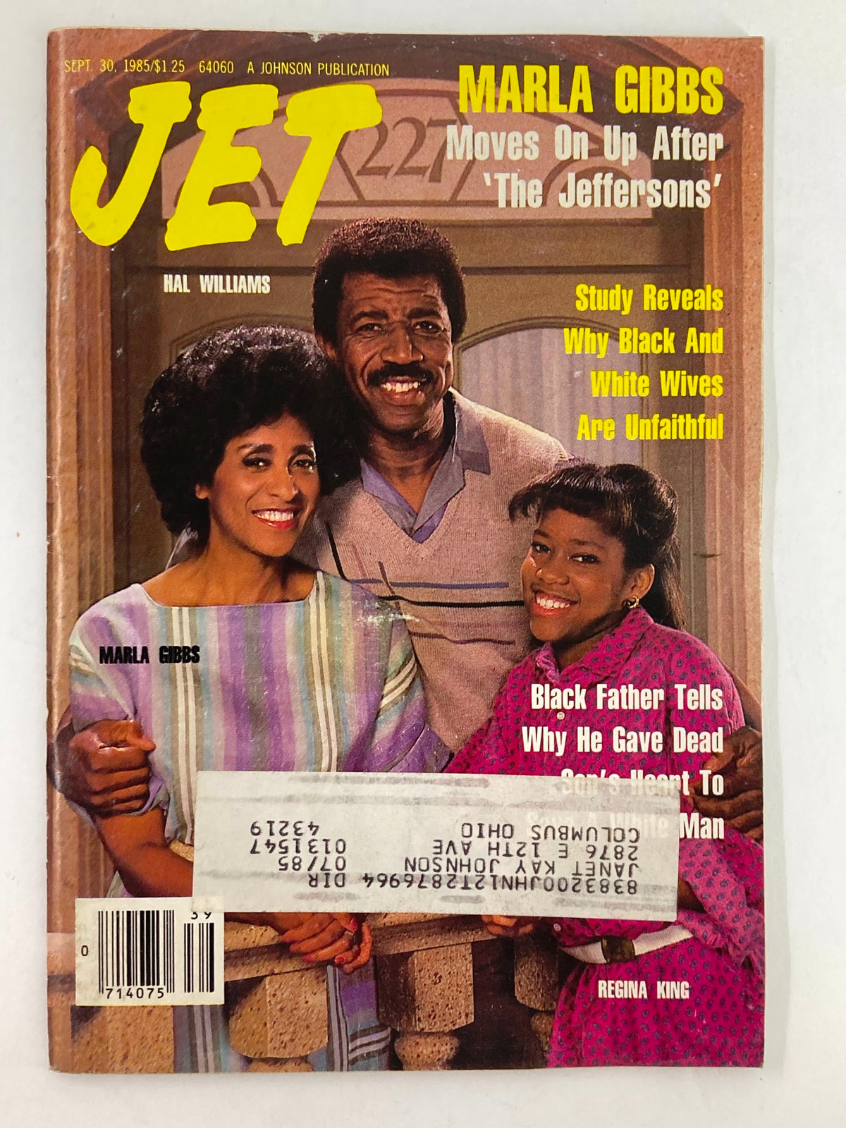 Cover of VTG Jet Magazine September 30 1985 Vol 69 #3 featuring Hal Williams and Marla Gibbs, highlighting the feature article about Marla Gibbs moving on after 'The Jeffersons'.