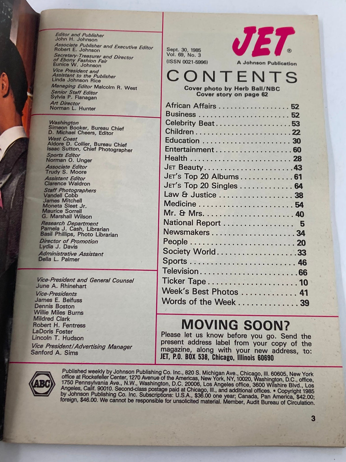 Inside page of VTG Jet Magazine September 30 1985 Vol 69 #3 listing the contents, featuring various topics including African Affairs, Business, and Entertainment.