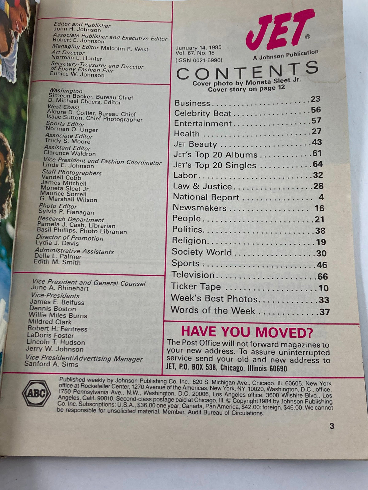 Contents page of VTG Jet Magazine January 14 1985 Vol 67 #18, listing articles and sections including celebrity news, entertainment, health, and more, highlighting the magazine's extensive coverage of cultural topics.