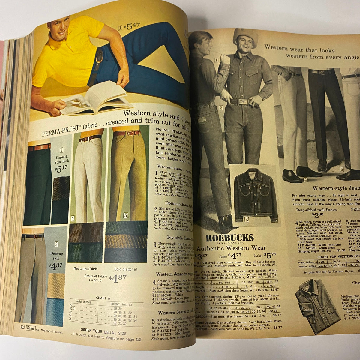1968 Sears Spring Through Summer Catalog highlighting men's western wear, including jeans and casual garments, presented in a classic style.