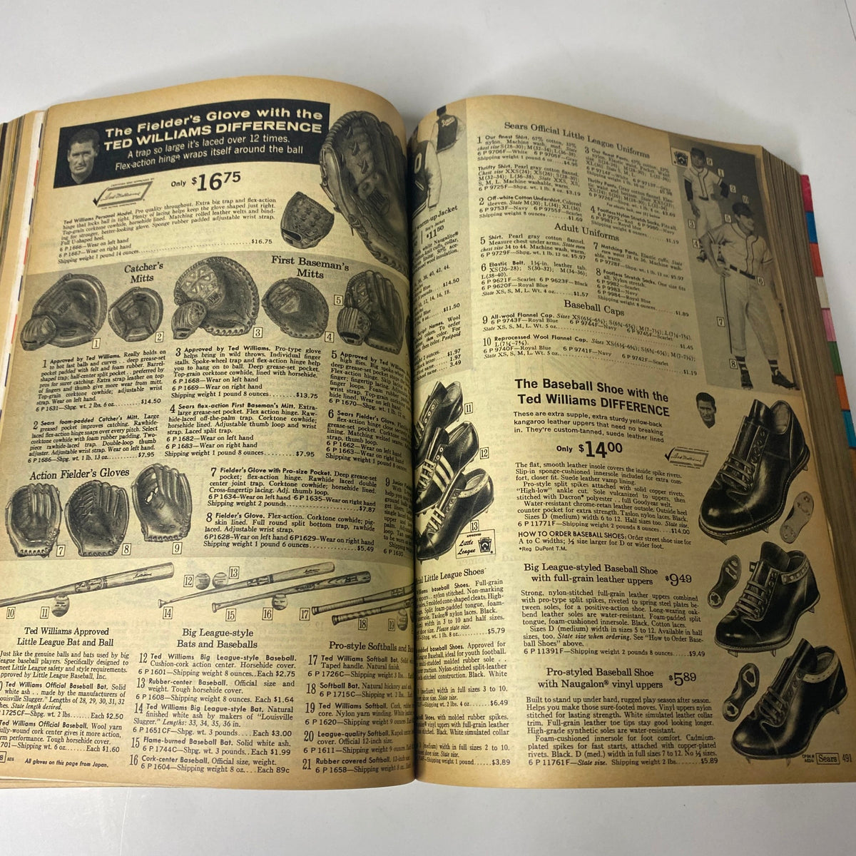 1968 Sears Spring Through Summer Catalog showcasing baseball gloves, catcher's mitts, and Ted Williams baseball shoes with prices listed.