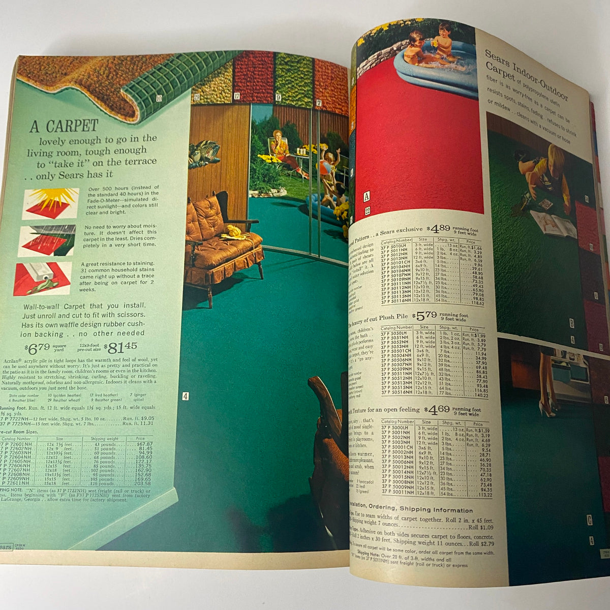 1968 Sears Spring Through Summer Catalog presenting colorful carpets for indoor and outdoor use with pricing and features.