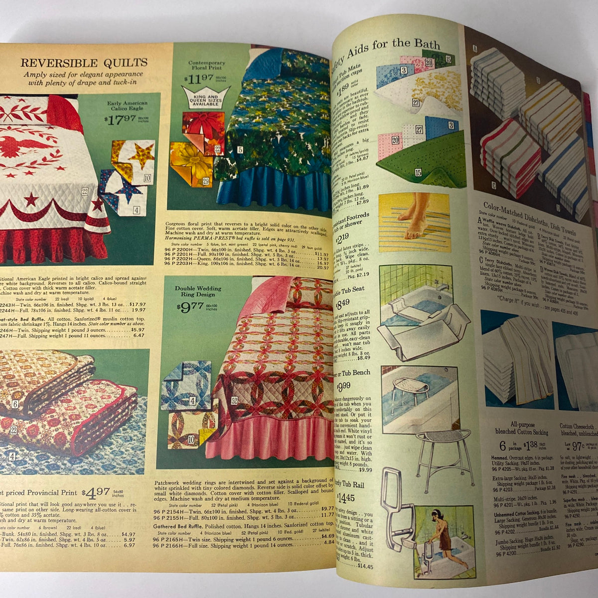 1968 Sears Spring Through Summer Catalog showcasing vibrant reversible quilts and bath safety aids. Features detailed descriptions and prices of home goods including colorful bed spreads and practical bathroom accessories.