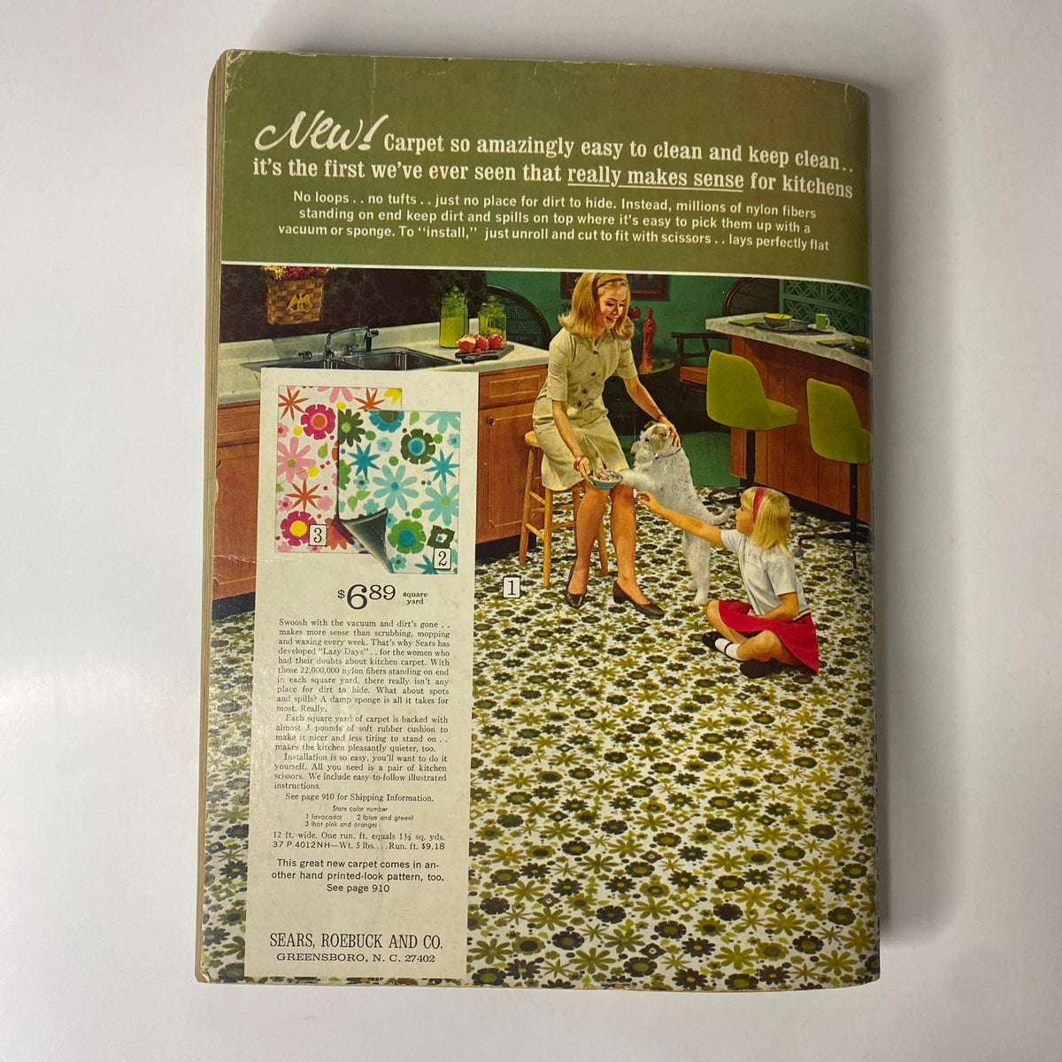 1968 Sears Spring Through Summer Catalog back cover displaying easy-to-clean carpet options for kitchens. The image features a vintage kitchen scene with a woman and children interacting, emphasizing modern home decor choices of the late 1960s.