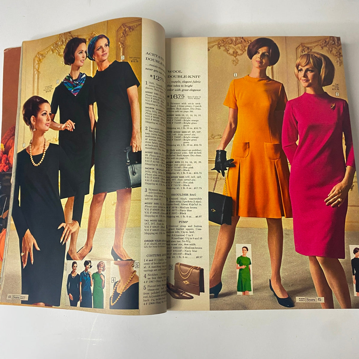 Inside spread of the 1967 Sears Fall and Winter Catalog featuring women in elegant dresses, highlighting late 1960s fashion styles.