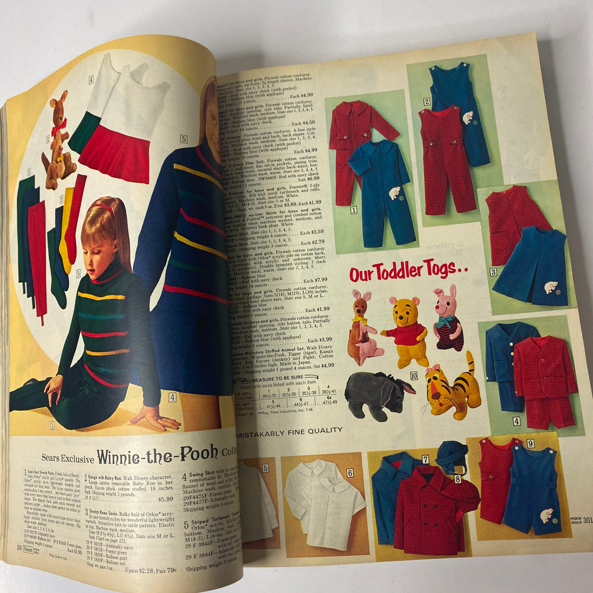1967 Sears Fall and Winter Catalog displaying toddler clothing, including striped shirts and fun Winnie-the-Pooh accessories for young children.