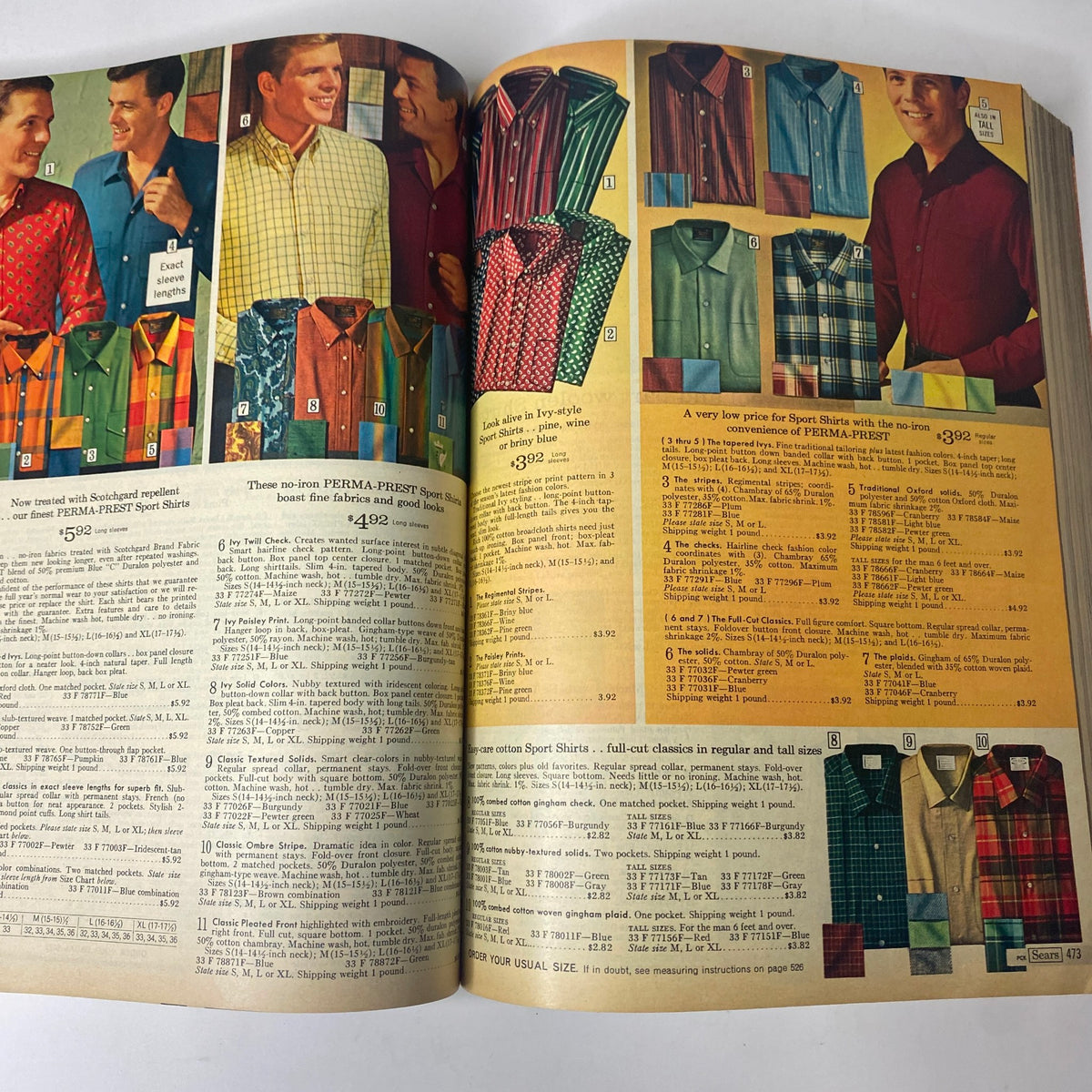 1967 Sears Fall and Winter Catalog highlighting fashionable men's shirts, including various patterns and colors suited for the late 1960s.