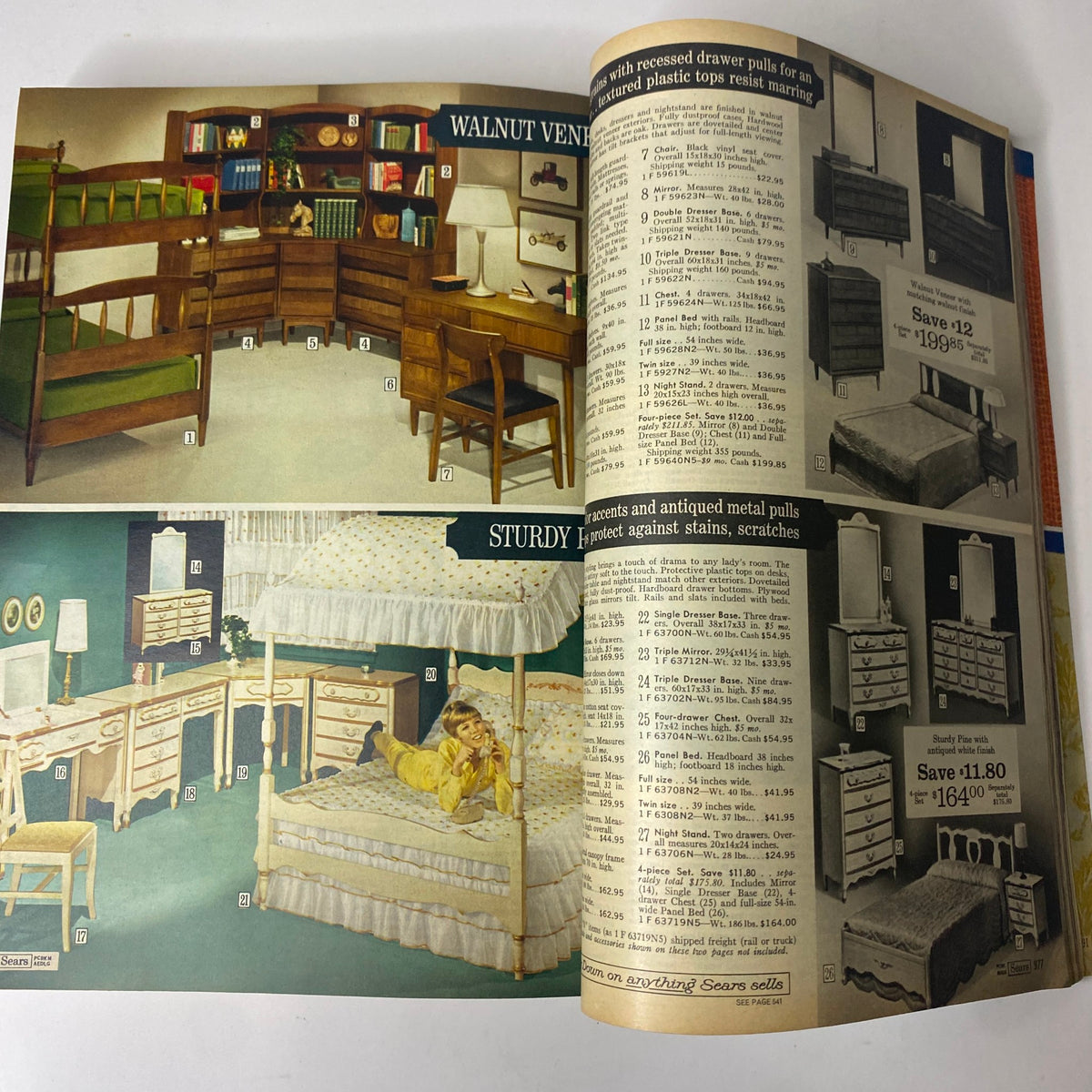 Interior pages of the 1967 Sears Fall and Winter Catalog, showcasing mid-century furniture styles including desks, beds, and dressers with price listings and descriptions.