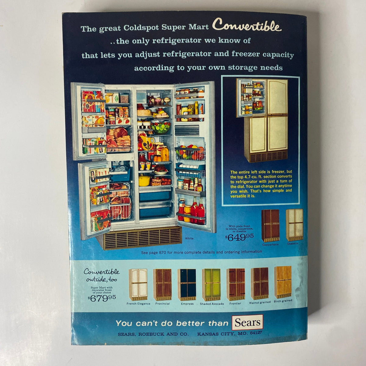 Back cover of the 1967 Sears Fall and Winter Catalog, displaying the Coldspot Super Mart Convertible refrigerator, illustrating its unique adjustable storage capabilities with pricing details.