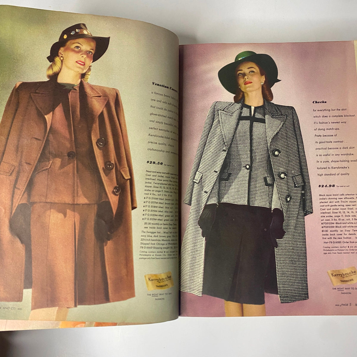 Inside pages of the 1946 - 1947 Sears, Roebuck and Co. Fall and Winter Catalog displaying two well-dressed women in elegant outerwear, showcasing classic fashion styles from the late 1940s.