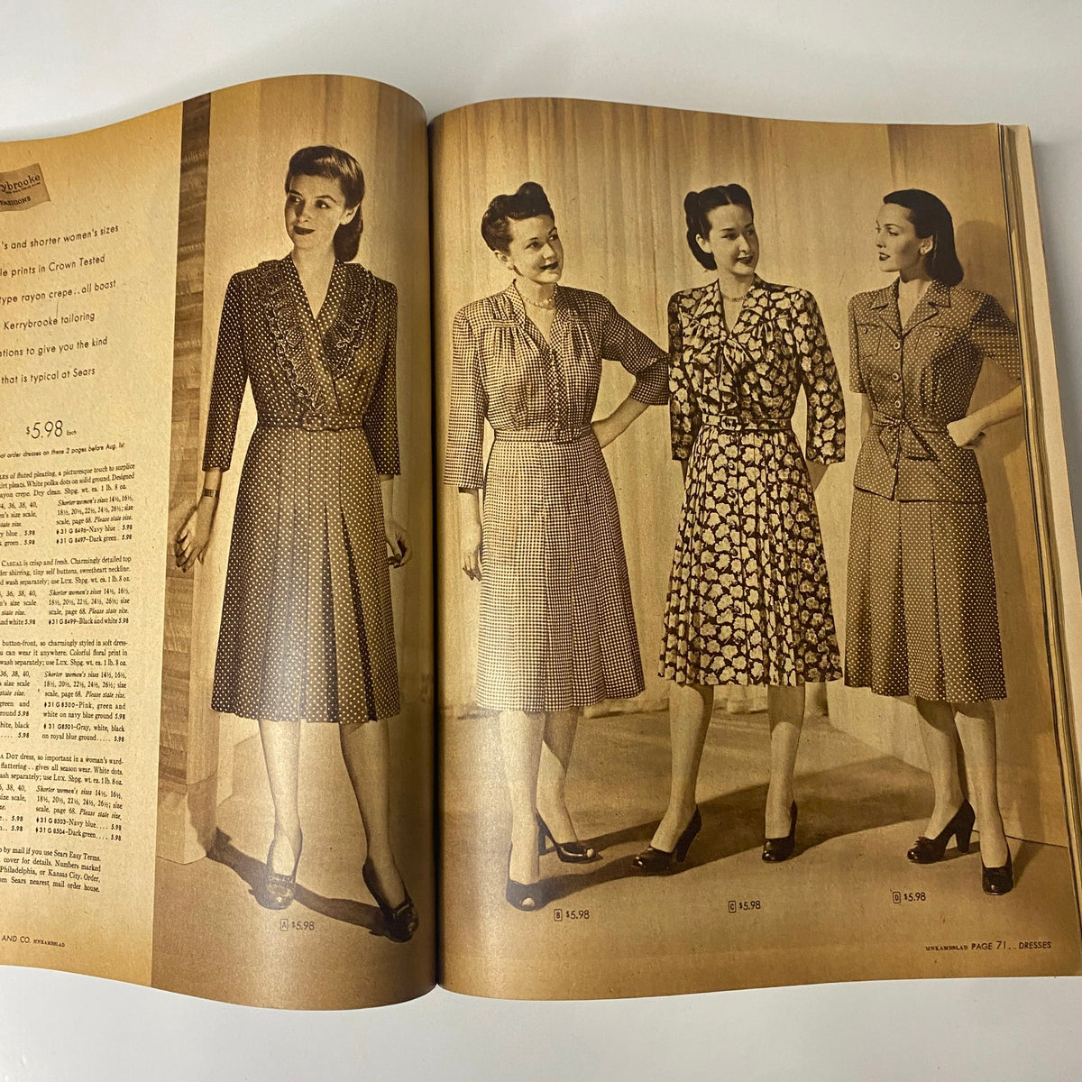 Additional interior spread from the 1946 - 1947 Sears, Roebuck and Co. Fall and Winter Catalog presenting four women in 1940s dresses, capturing the fashion aesthetics of the period.