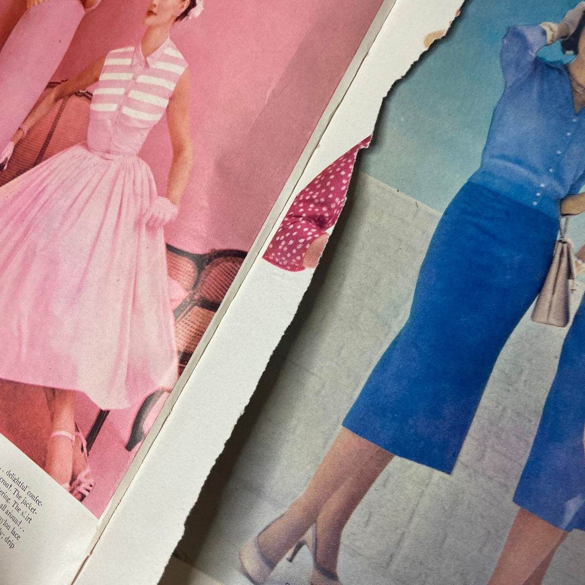 1957 Sears Spring and Summer Catalog GD Interior showcasing vibrant mid-century women's fashion, featuring dresses in pink and blue hues, along with stylish accessories.