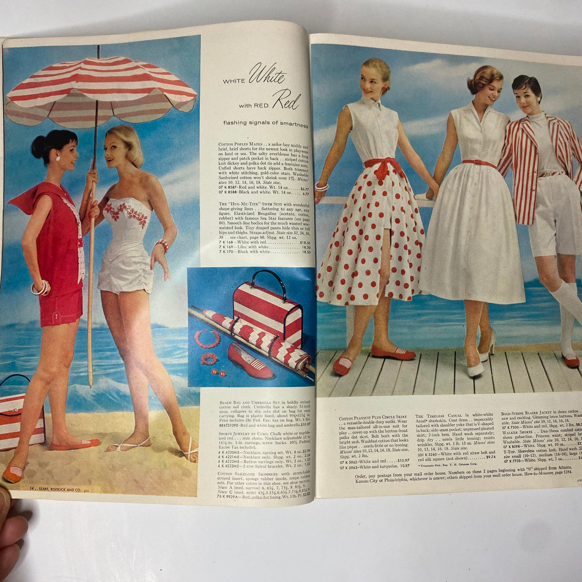 Colorful beachwear and summer outfits featured in the 1957 Sears Spring and Summer Catalog GD Interior, illustrating popular styles and accessories of mid-century fashion.