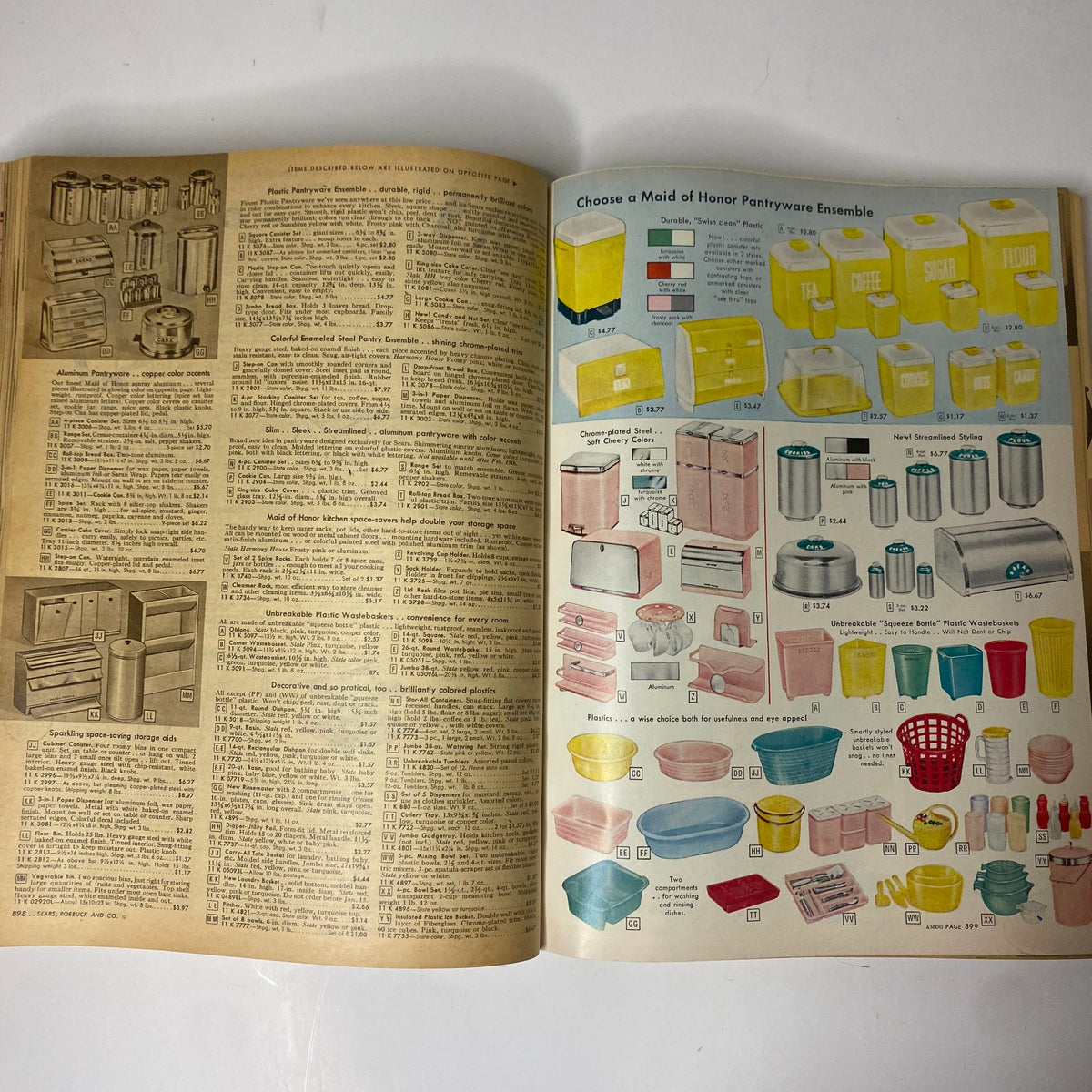 Interior of the 1957 Sears Spring and Summer Catalog featuring a selection of pantryware ensembles with colorful storage containers and kitchen essentials.