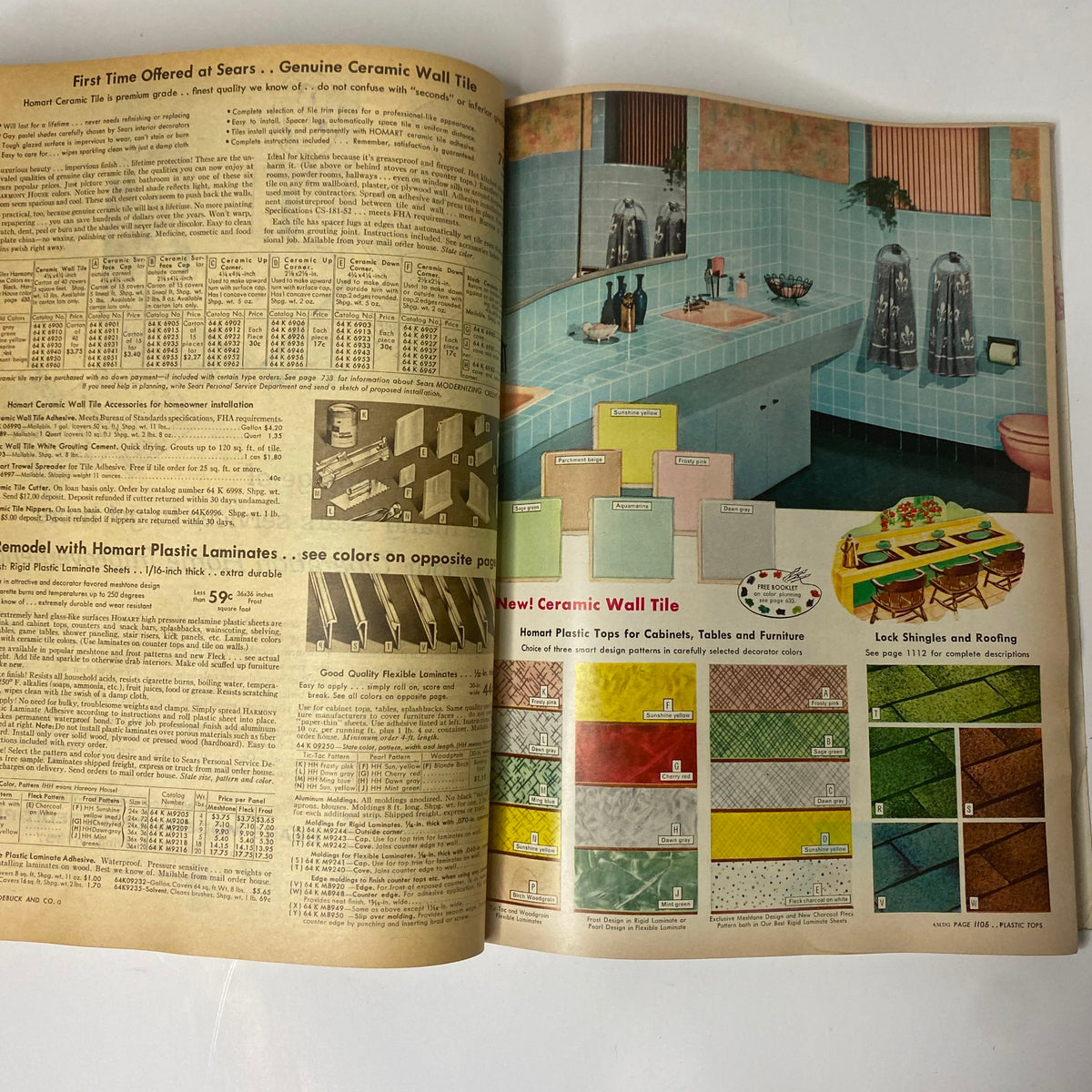 Pages from the 1957 Sears Spring and Summer Catalog displaying genuine ceramic wall tiles and bathroom remodel ideas, complete with color samples.