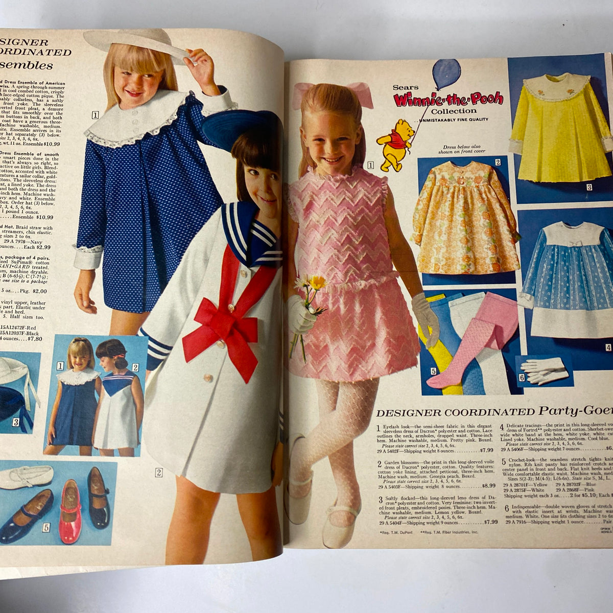 Image from the 1969 Sears Spring Through Summer Catalog showcasing stylish children's coordinated outfits, featuring dresses and swimwear with playful designs.