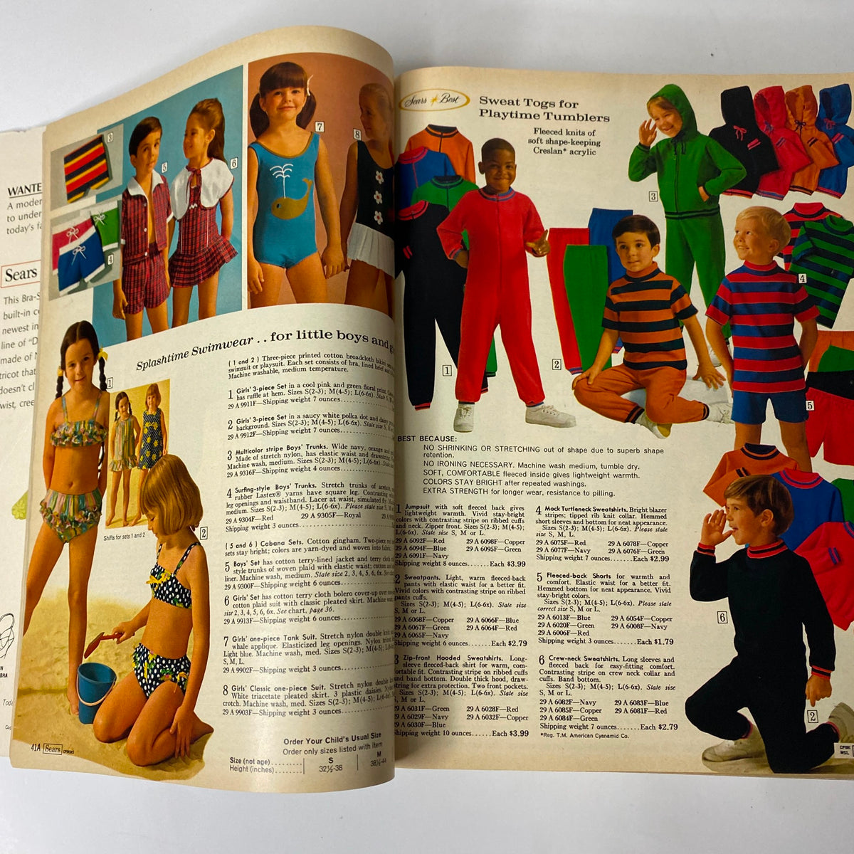 Image from the 1969 Sears Spring Through Summer Catalog highlighting colorful swimwear and playtime apparel for kids, emphasizing retro summer fashion.