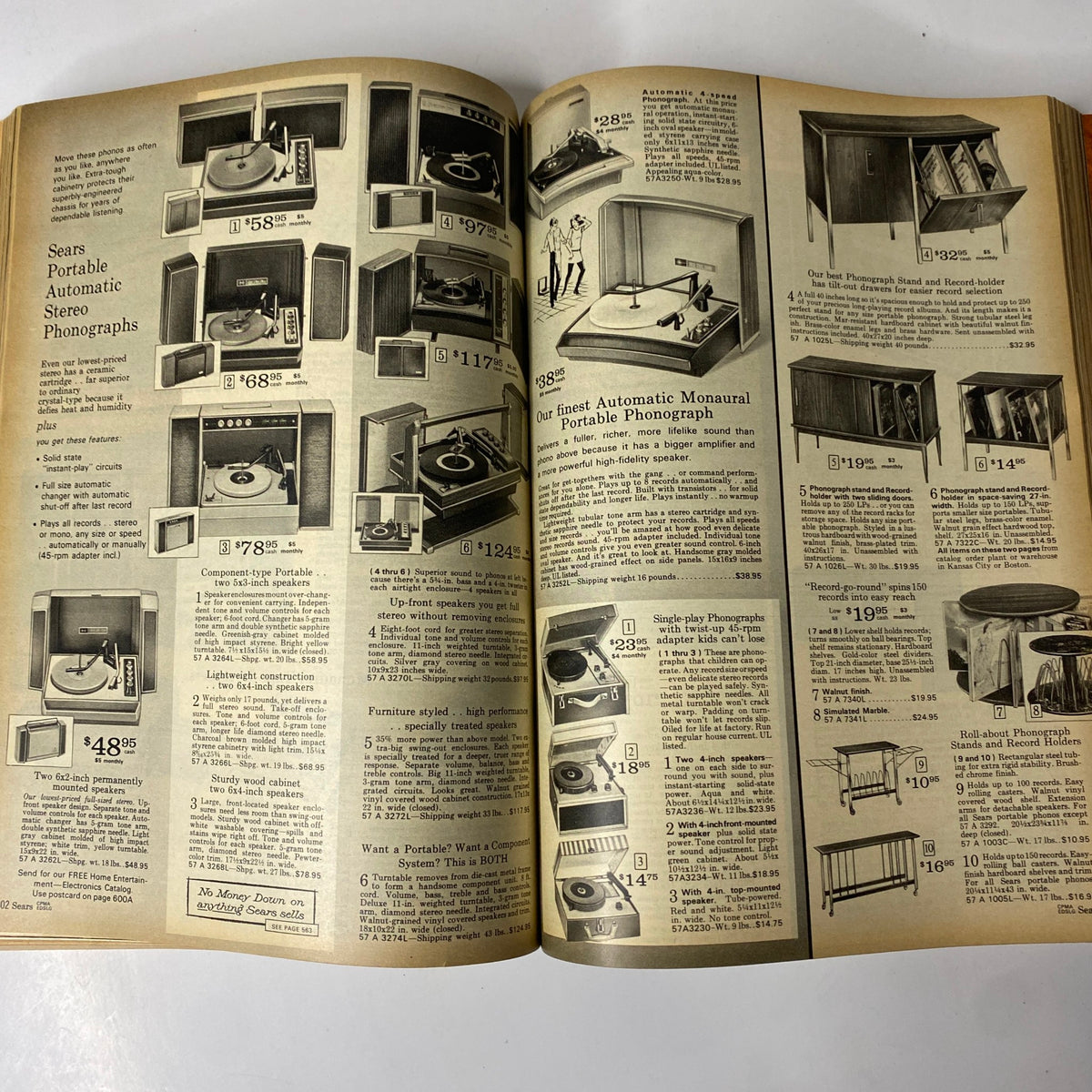 1969 Sears Spring Through Summer Catalog showcasing a variety of portable automatic stereo phonographs with prices and features listed.