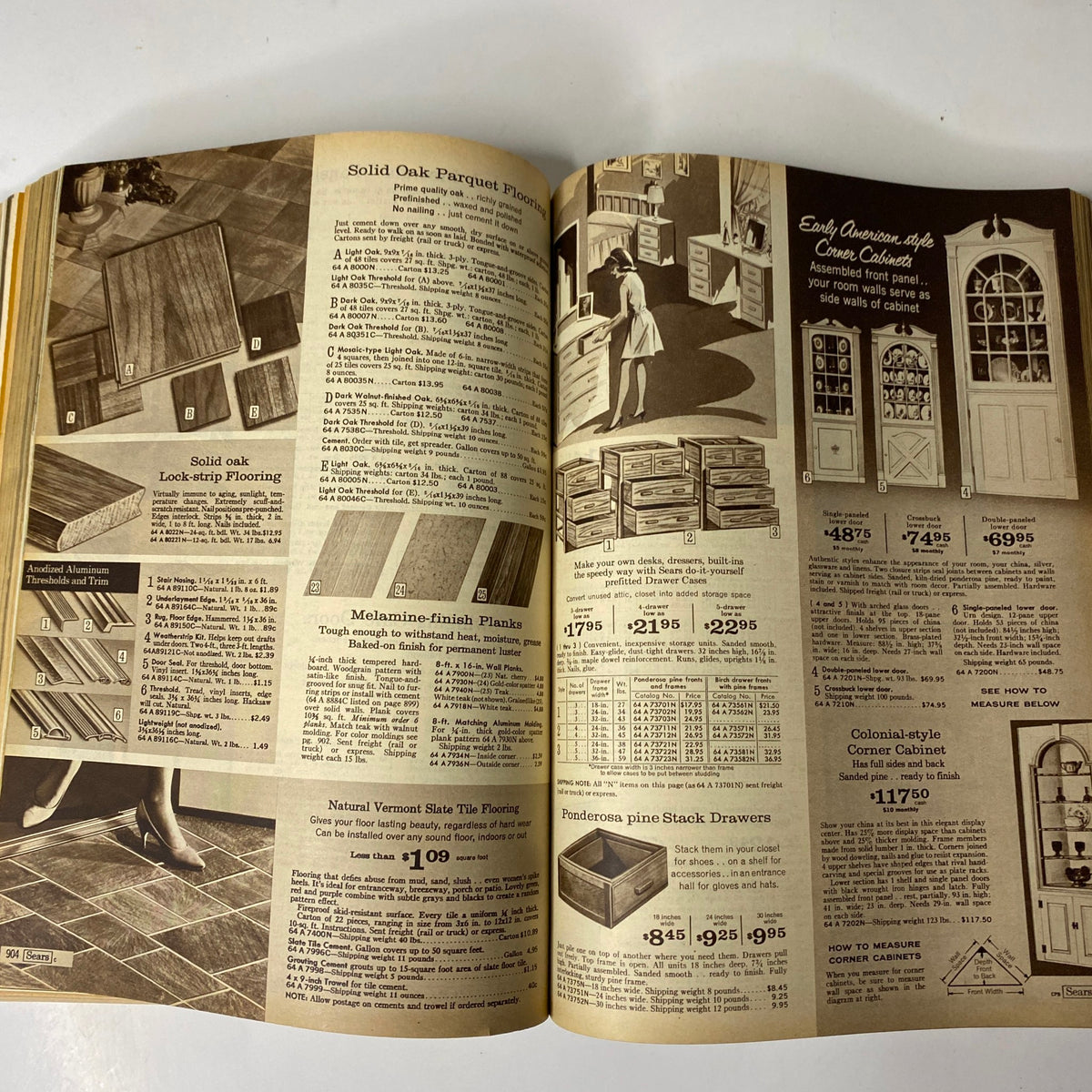 1969 Sears Spring Through Summer Catalog featuring flooring options such as solid oak parquet and various home cabinetry with pricing information.