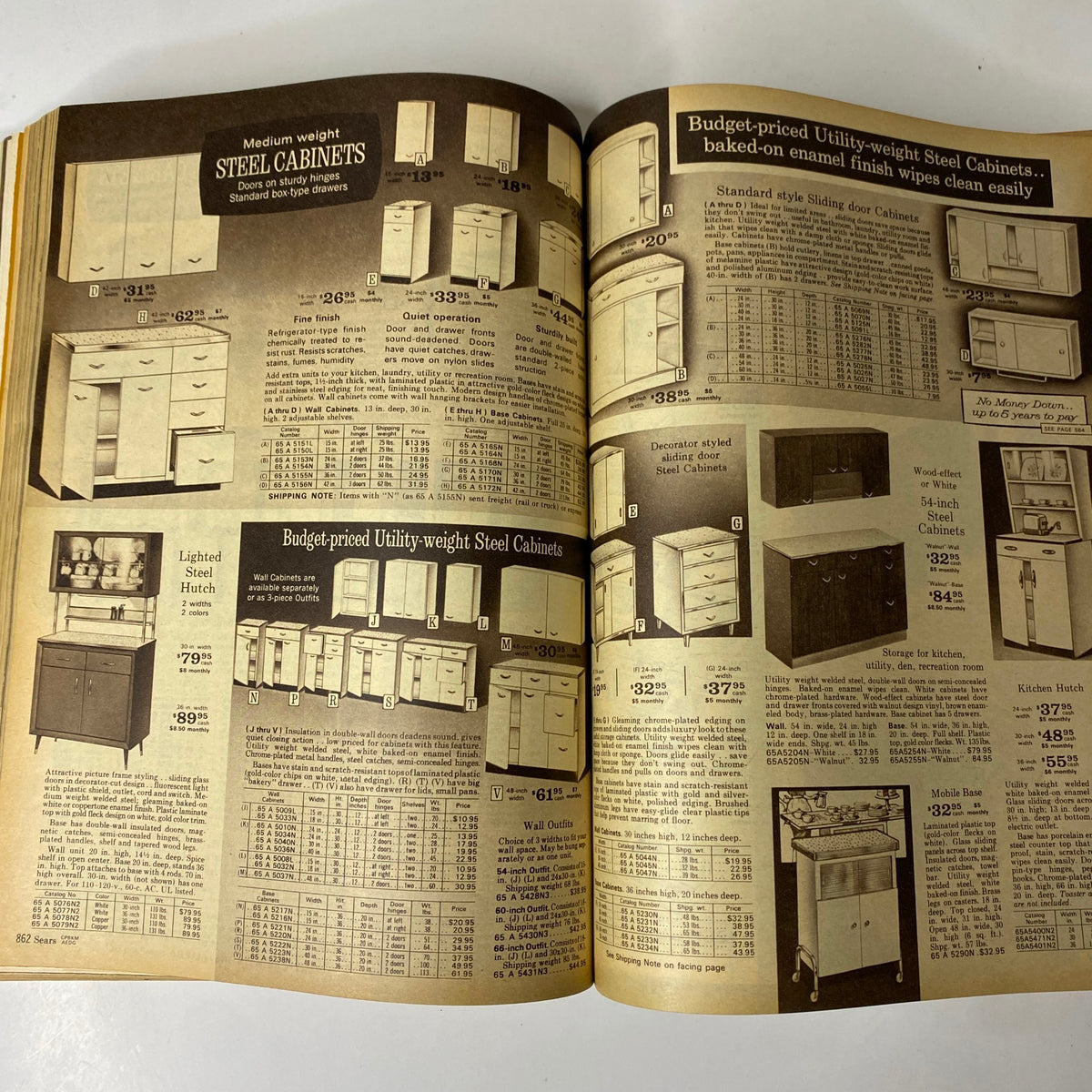 1969 Sears Spring Through Summer Catalog presenting a range of medium and budget-priced steel cabinets with features and prices listed for kitchen storage solutions.