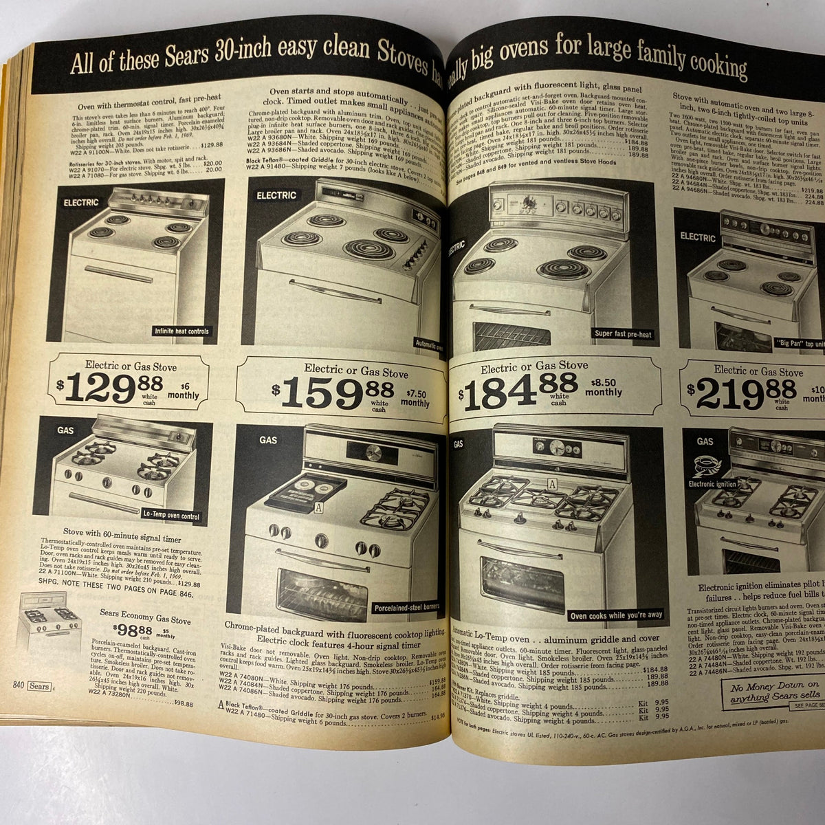 Page from the 1969 Sears Spring Through Summer Catalog showcasing various easy clean stoves including electric and gas options, along with pricing details and features.