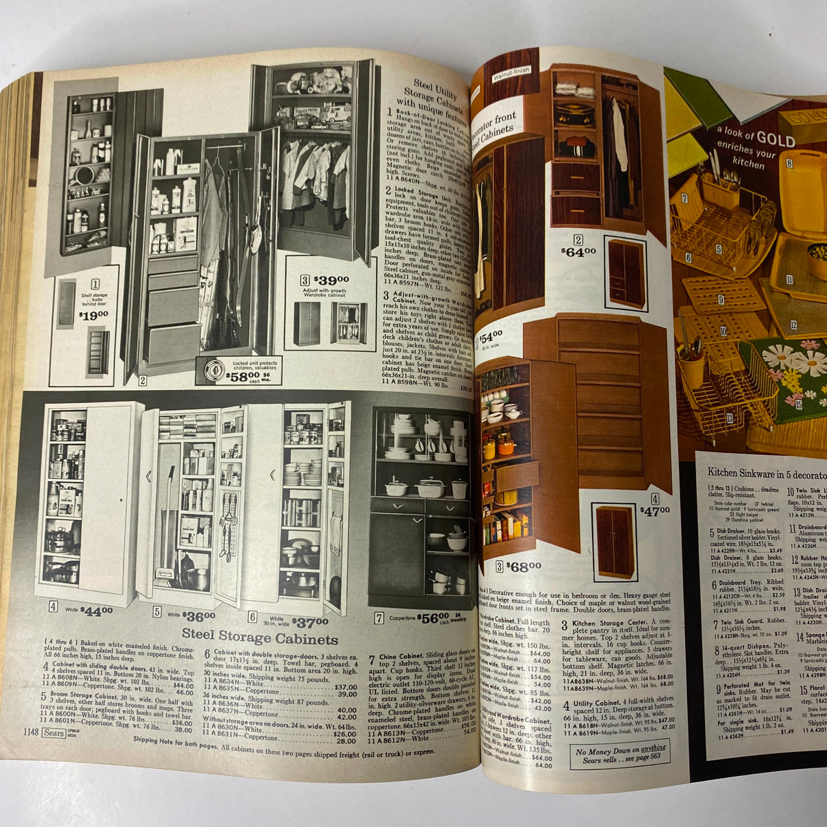 Page from the 1969 Sears Spring Through Summer Catalog featuring steel storage cabinets with prices and descriptions, highlighting mid-century home organization solutions.