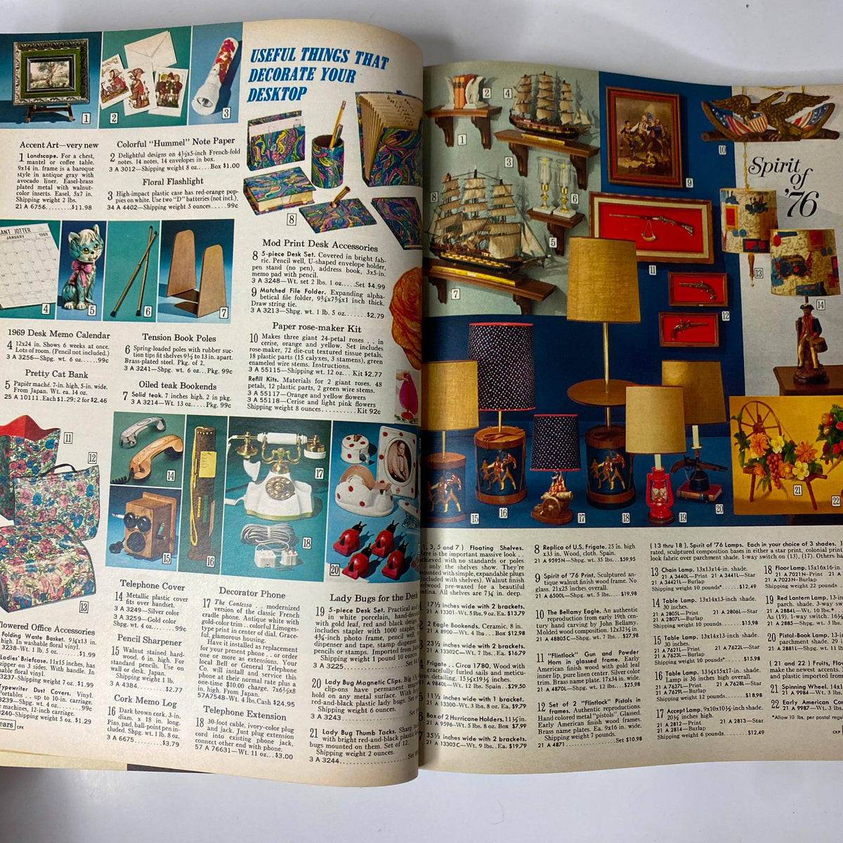 Page from the 1969 Sears Spring Through Summer Catalog displaying colorful desk accessories, decorative items, and office supplies representative of the late 1960s style.