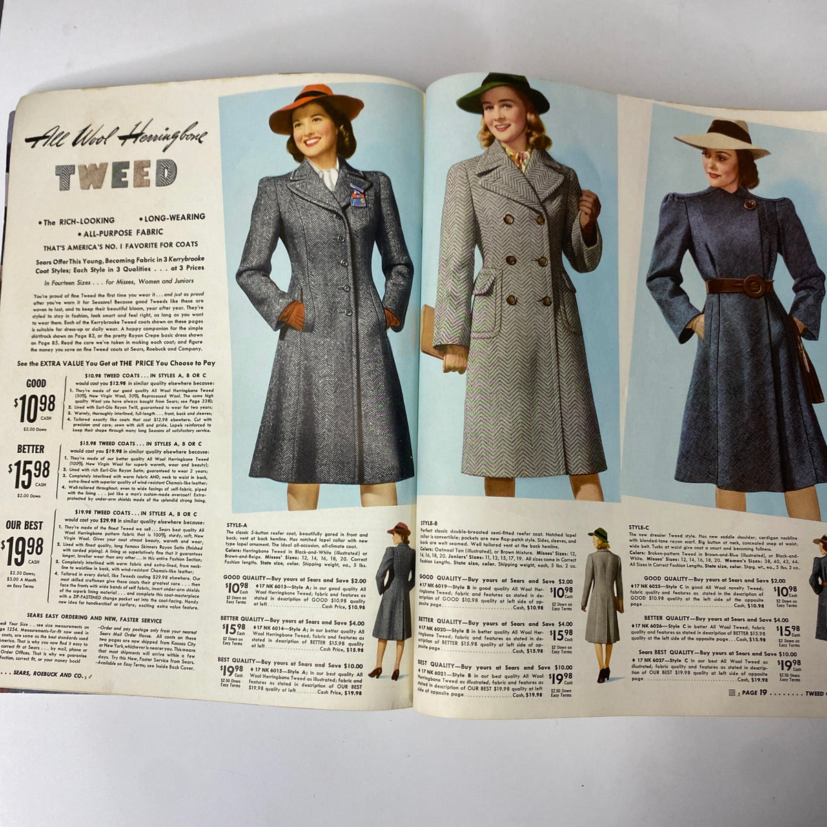 Pages within the 1941 - 1942 Sears Fall and Winter Catalog showcasing women's coats with pricing details, emphasizing wartime fashion trends.