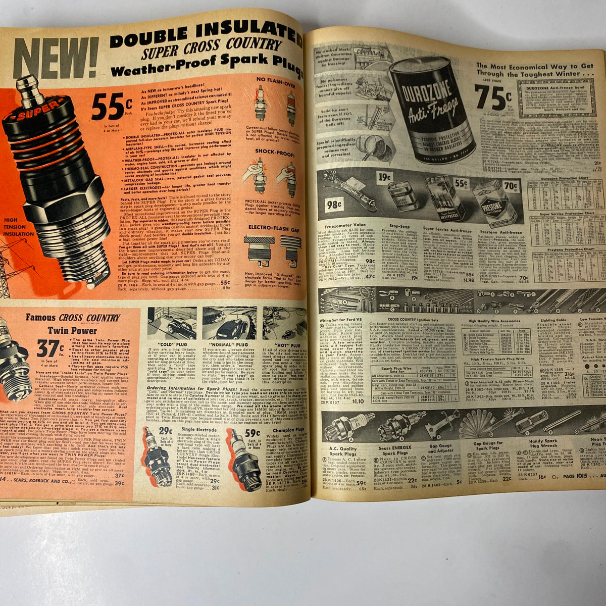 1941 - 1942 Sears Fall and Winter Catalog presenting pages dedicated to automotive supplies, specifically weather-proof spark plugs and other essential car parts with detailed descriptions and prices.