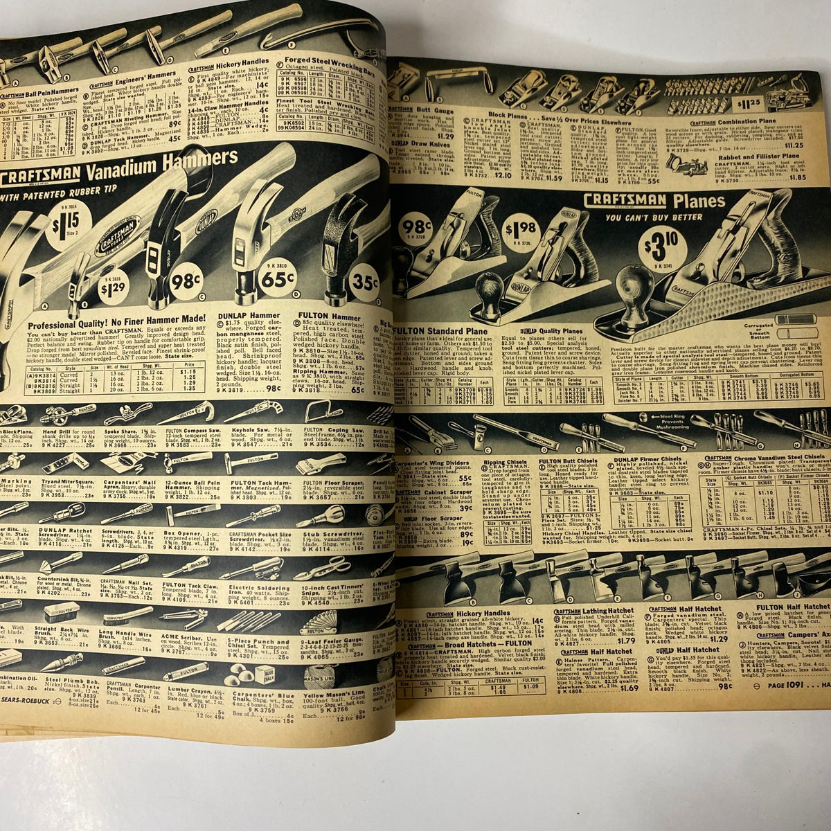 1941 - 1942 Sears Fall and Winter Catalog featuring tools from the Craftsman line, showcasing hammers and planes with pricing and product details for various hand tools.