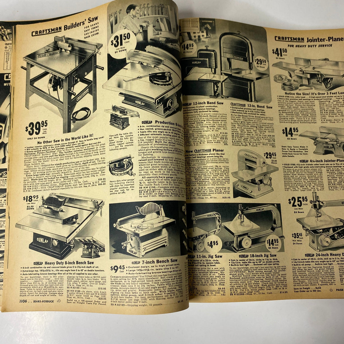 1941 - 1942 Sears Fall and Winter Catalog displaying pages of heavy-duty woodworking tools such as saws and planers, including prices and product specifications for various models.