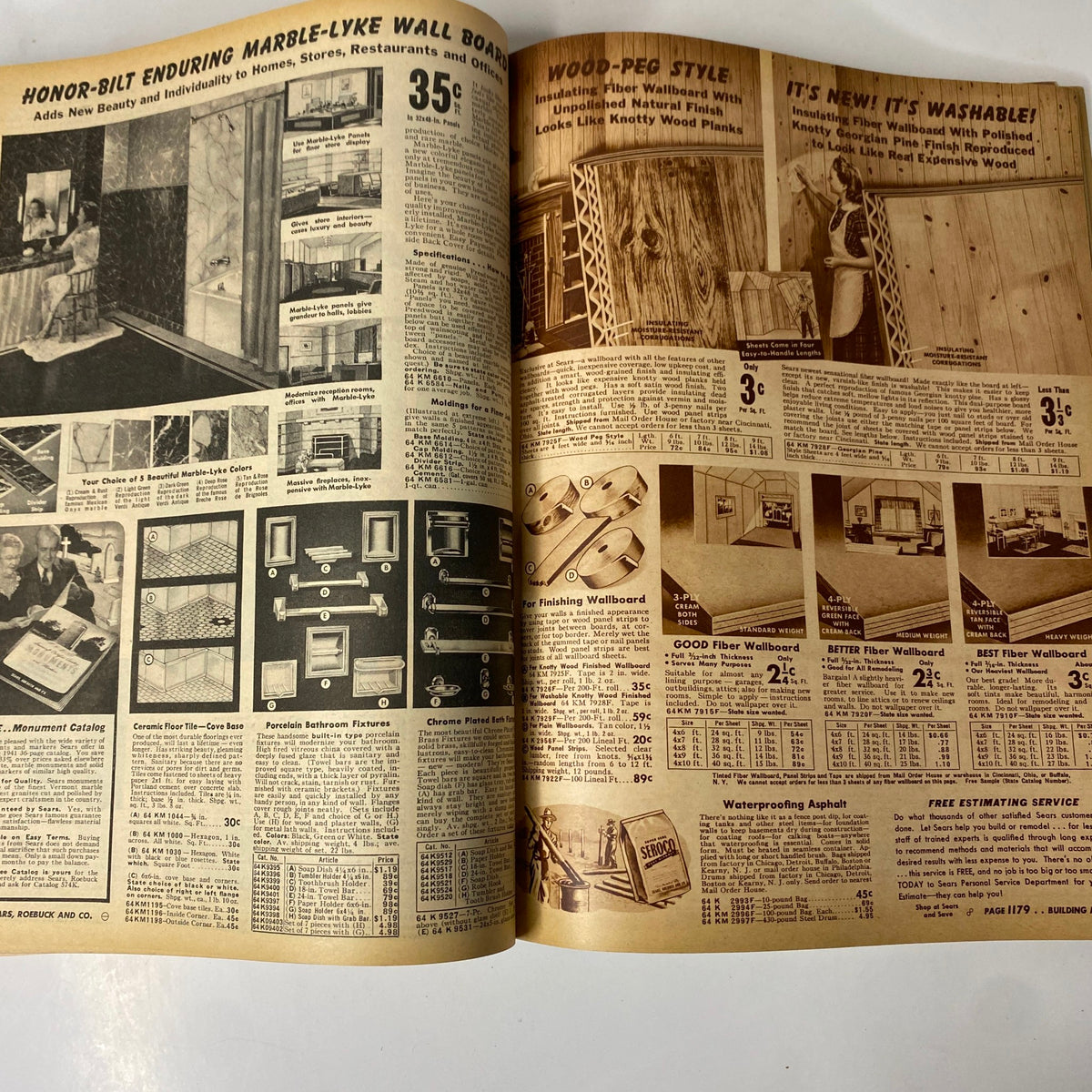 Interior page from the 1941 - 1942 Sears Fall and Winter Catalog showcasing various wallboard products, including Honor-Bilt Enduring Marble-Lyke Wall Board and Wood-Peg Style fiber wallboard, with prices and specifications, reflecting wartime home improvement themes.