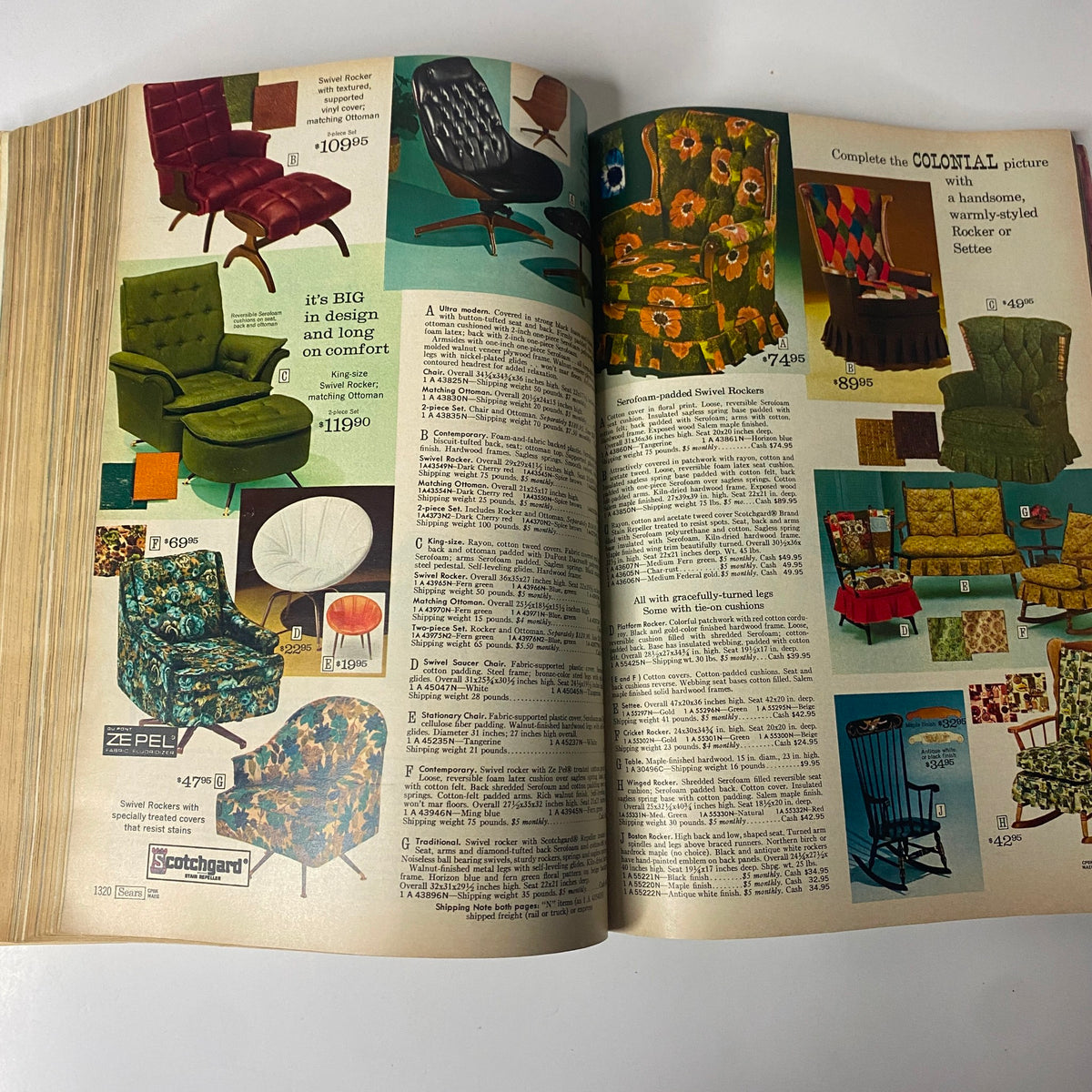 1967 Sears Spring Through Summer Catalog featuring a variety of mid-century modern chairs, including swivel rockers and contemporary seating options in bold patterns.