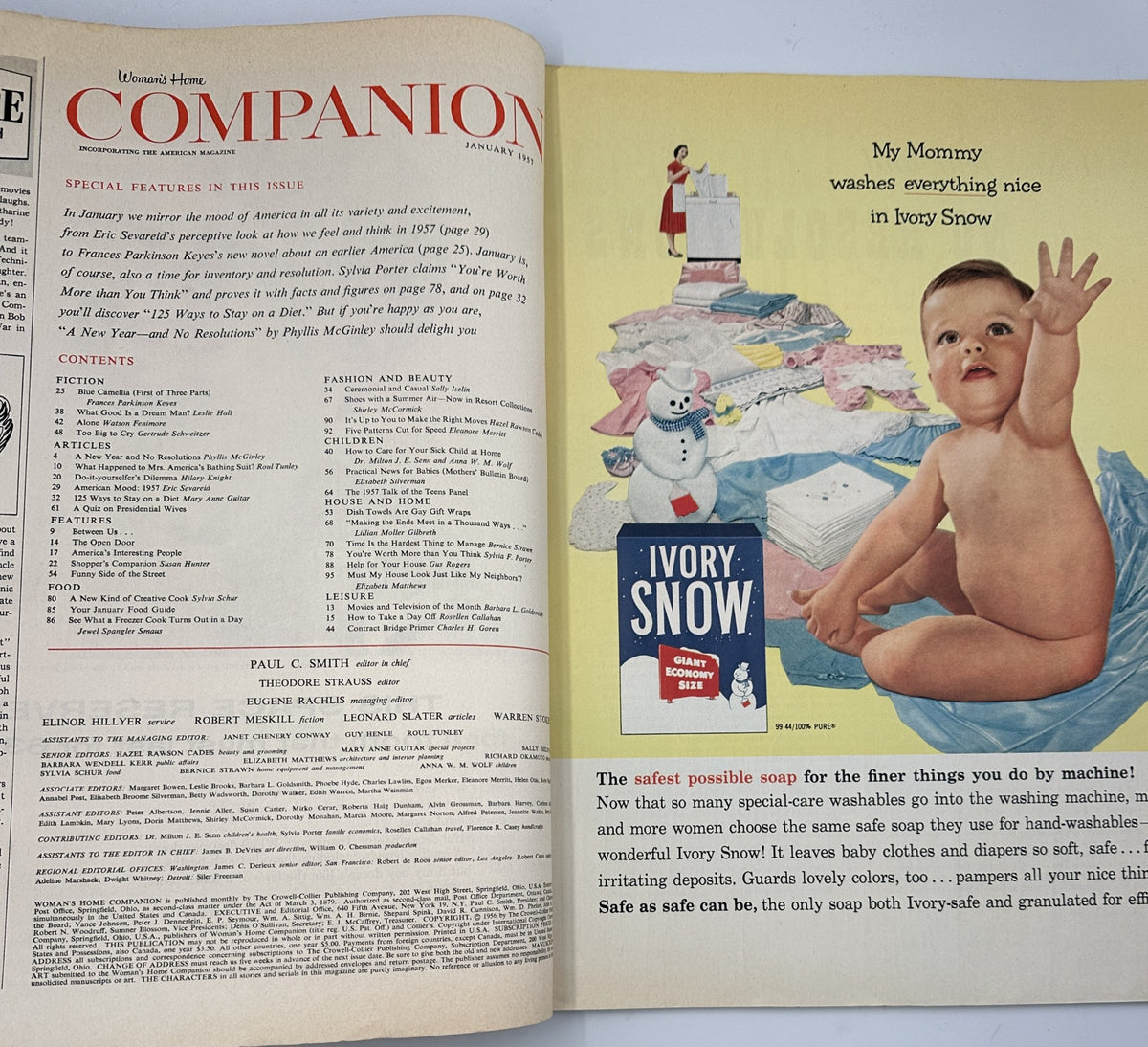 Inside page of Woman’s Home Companion Magazine January 1957 displaying the contents section, with an advertisement for Ivory Snow soap, emphasizing household tips and features.