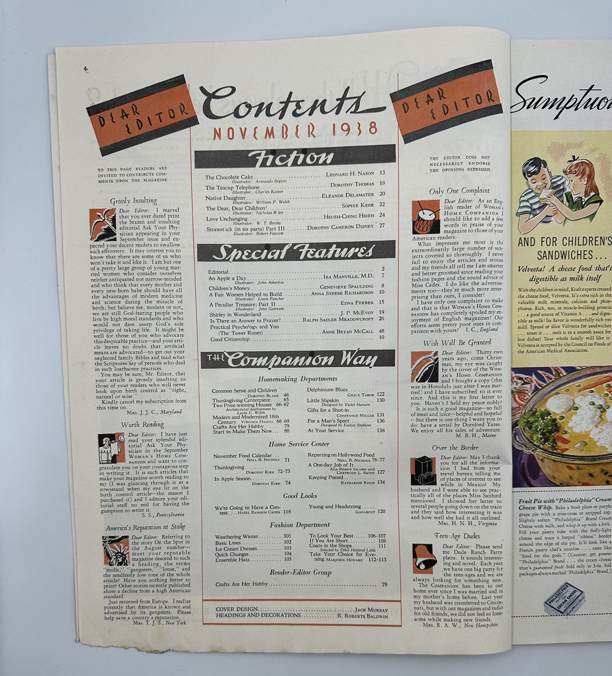 Table of contents page from Woman’s Home Companion Magazine, November 1938, listing featured articles and stories including fiction and special features.