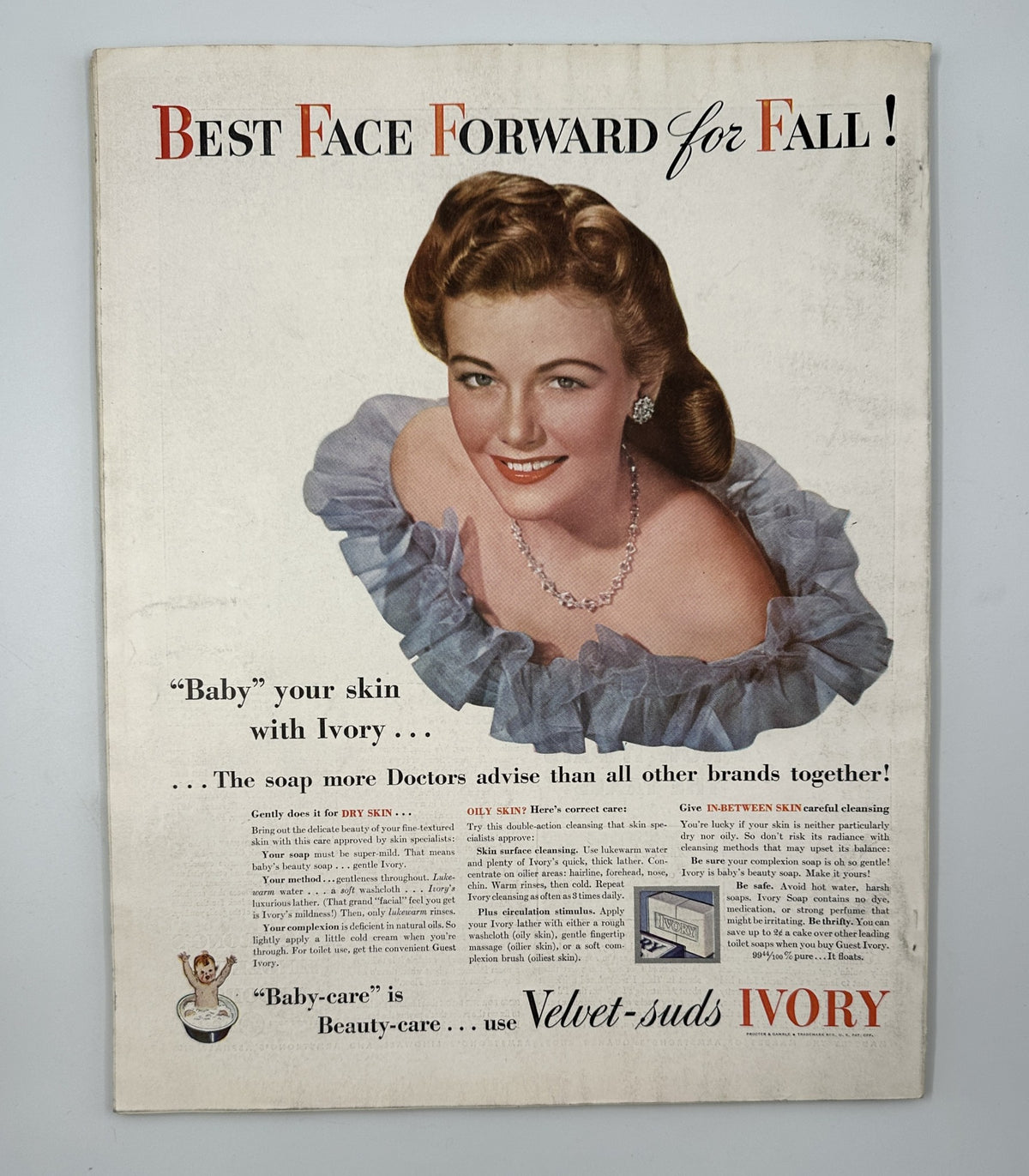 Back cover advertisement of Woman’s Home Companion Magazine November 1942 promoting Ivory soap, illustrated with a model showcasing beauty products and emphasizing skincare.