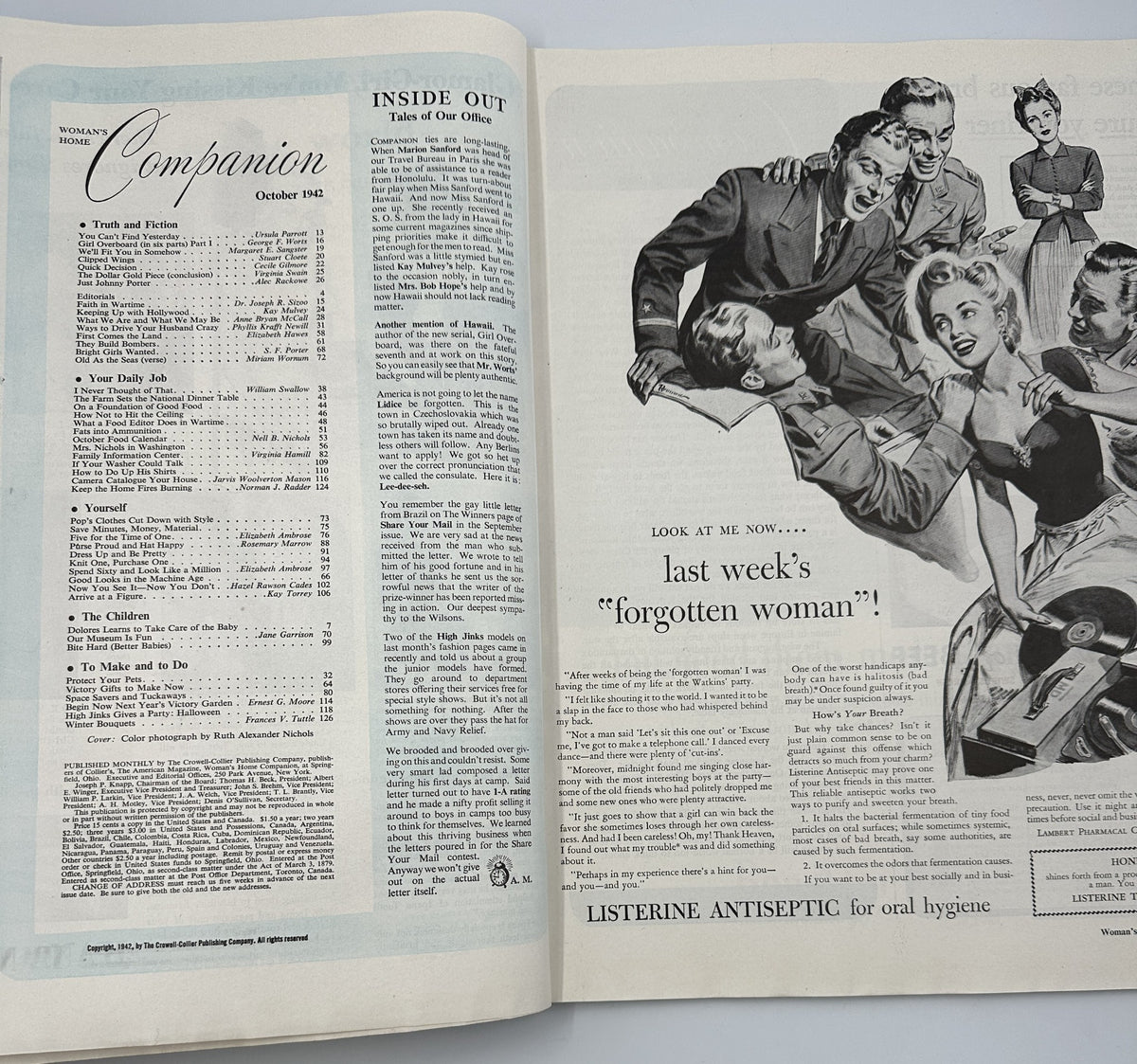 Inside page of Woman’s Home Companion Magazine October 1942 showcasing the Table of Contents alongside a humorous article titled 'LOOK AT ME NOW...' depicting a group of people interacting, indicating nostalgic mid-century dynamics.