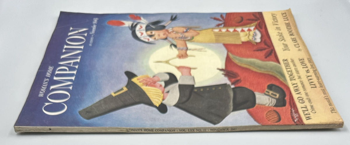 Side view of Woman’s Home Companion Magazine November 1943, showcasing the cover artwork featuring a Native American girl and a pilgrim boy, emphasizing the magazine's title 'Livvy vs. Love' by Clare Boothe Luce.