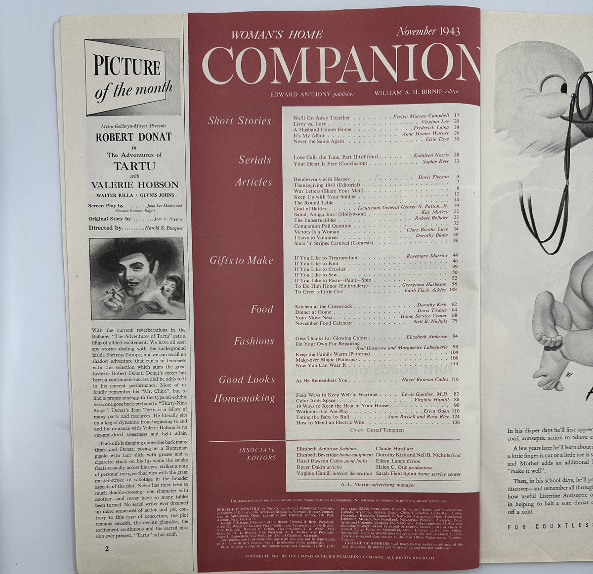 Inside page of Woman’s Home Companion Magazine November 1943 listing contents including short stories like 'Livvy vs. Love' by Clare Boothe Luce along with articles and features relevant to the issue.