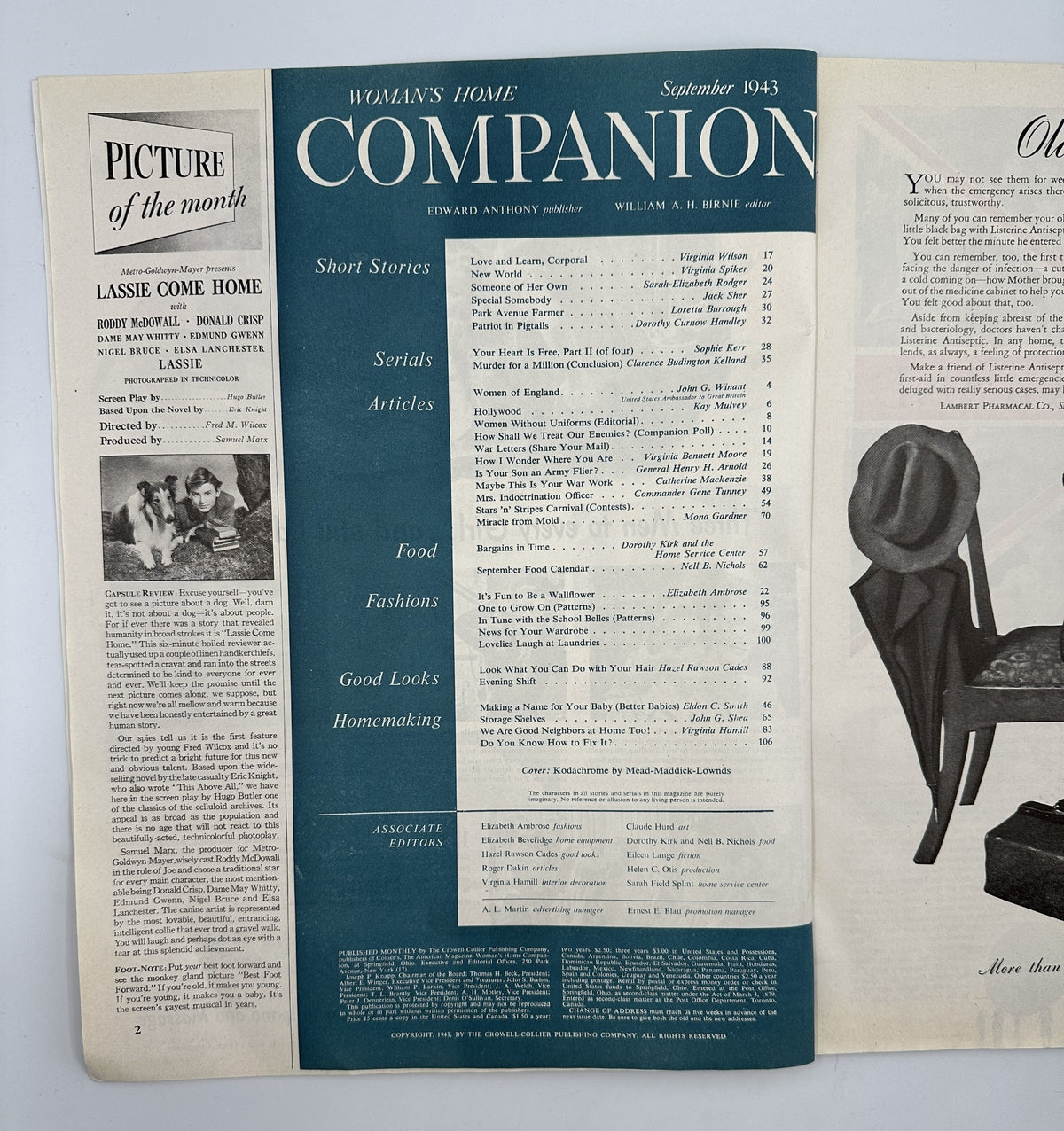 Inside page of Woman’s Home Companion Magazine September 1943 displaying the table of contents with headings for short stories, serials, and articles.