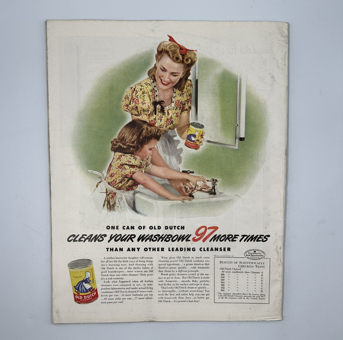 Back cover of Woman’s Home Companion Magazine September 1943 promoting Old Dutch cleanser with an illustration of a woman cleaning a sink, highlighting its effectiveness.