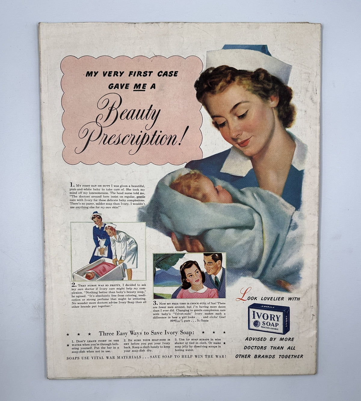Back cover of Woman's Home Companion Magazine, August 1943, featuring an advertisement for Ivory Soap with a nurse and baby, under the title 'My Very First Case Gave Me A Beauty Prescription!'